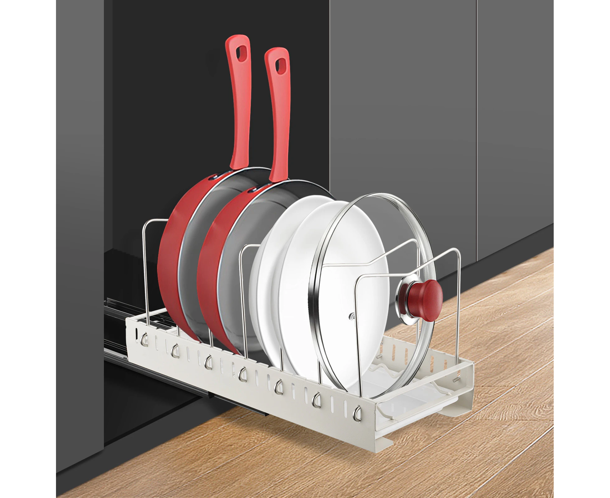 Pan holder Slide out Drawers pull out cabinet storage rack Organizer Kitchen dishes, pots, lids, plates Organization Self-Adhesive White