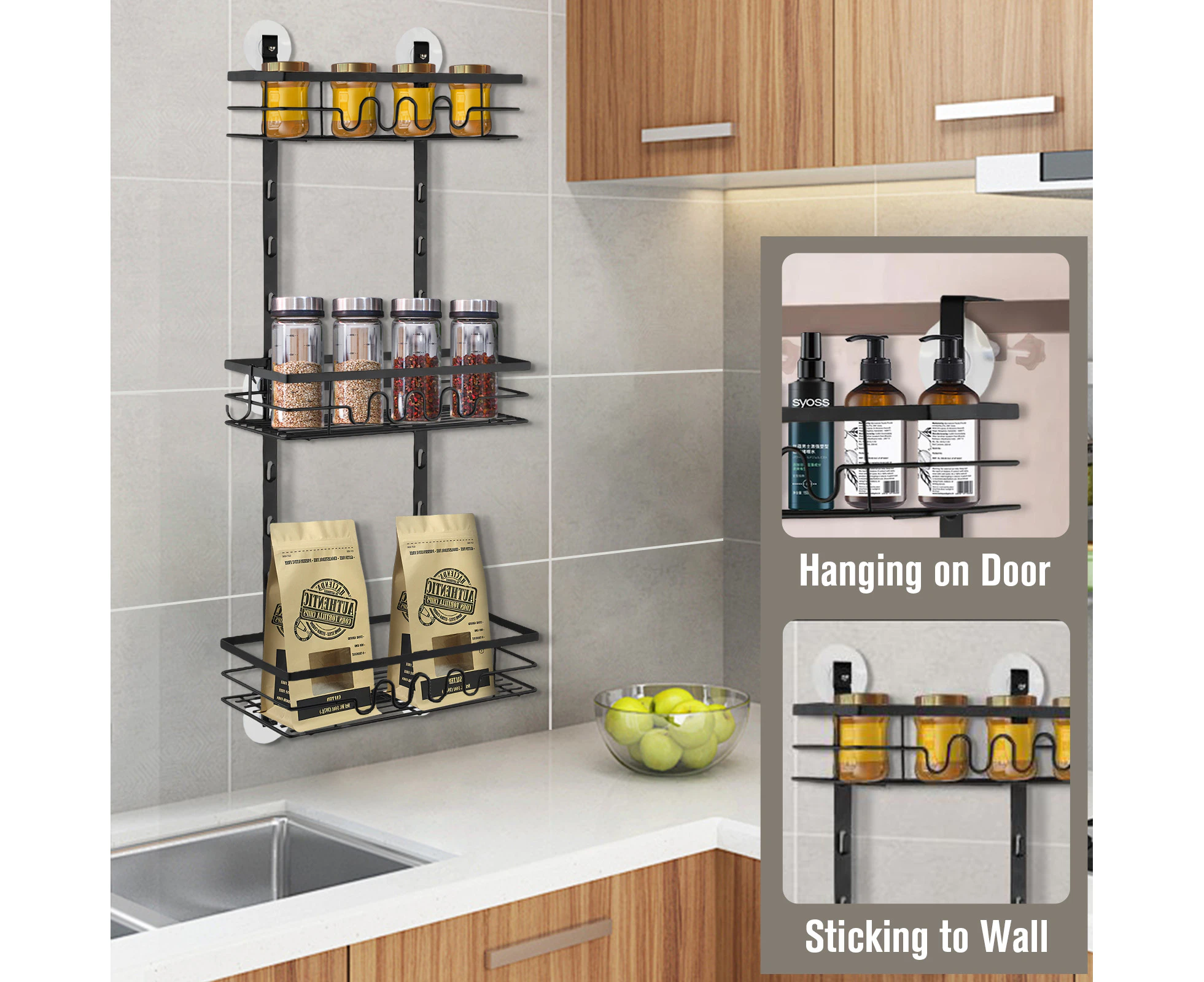 Back Door Storage Organizer 3-tier Over The Door Hooks Hanging Basket Rack Door Hanger Holder or Suction Save Space