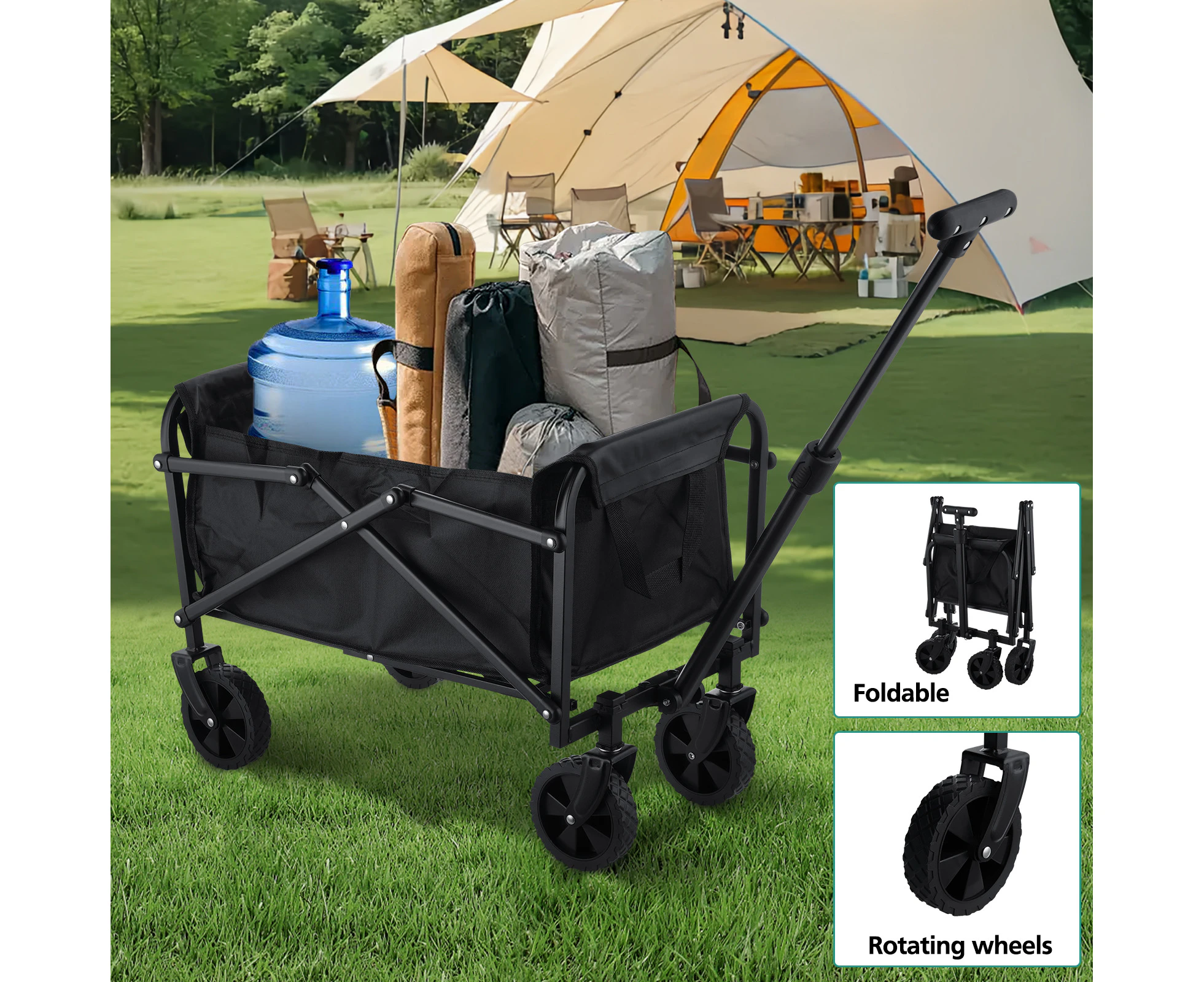 Folding Camping Wagan Cart Portable Camping Wagon Heavy Duty Garden Wagon All Terrain Wheels Adjustable Handle Beach Carts for Picnic,Outdoor