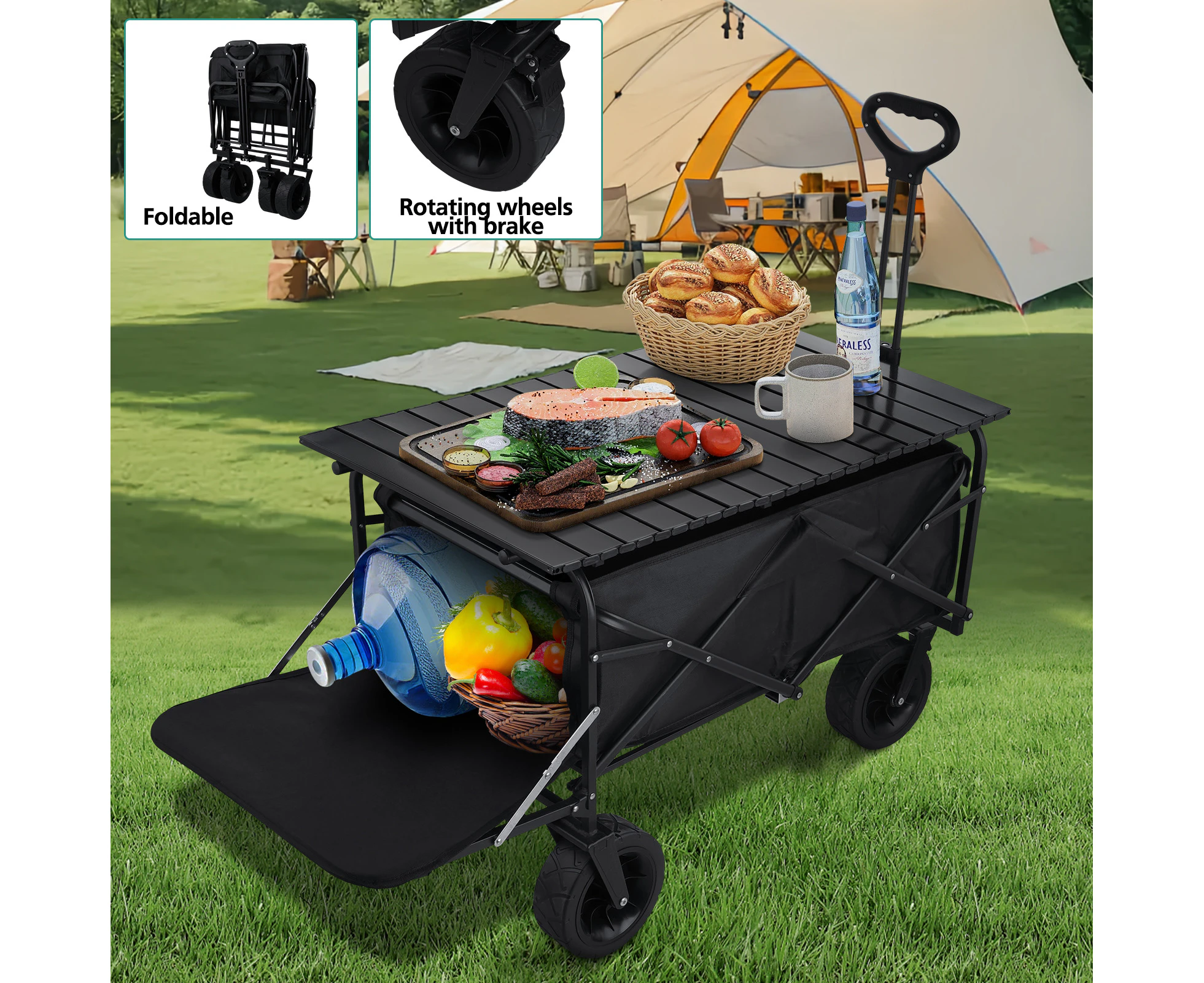 Folding Camping Wagan Cart with table Portable Camping Wagon Heavy Duty Garden Wagon Adjustable Handle Beach Carts Foldable Table for Picnic,Outdoor