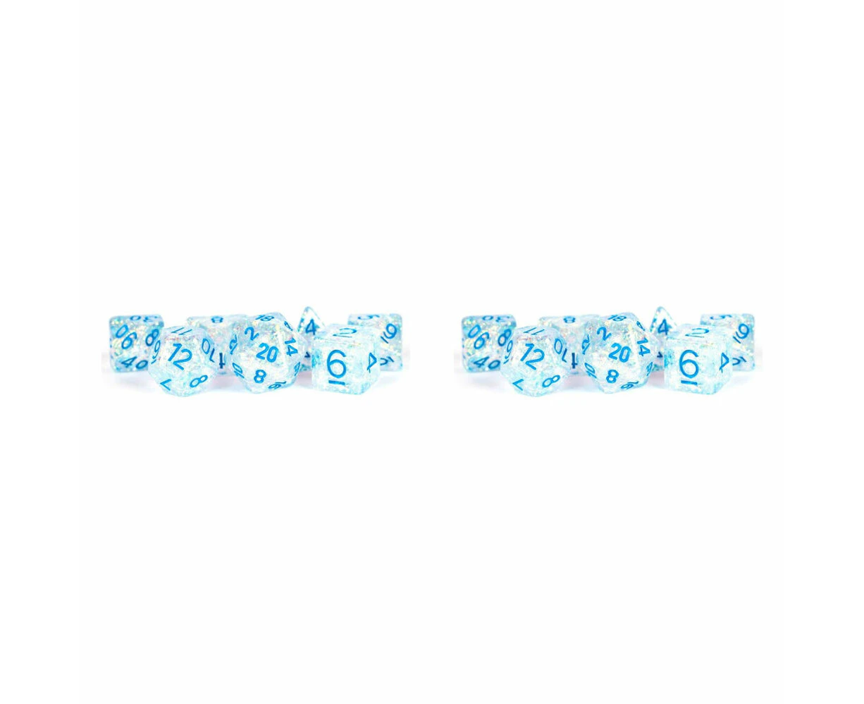 14pc Fanroll by Metallic Resin Flash Dice Set 16mm Clear w/ Light Blue Numbers