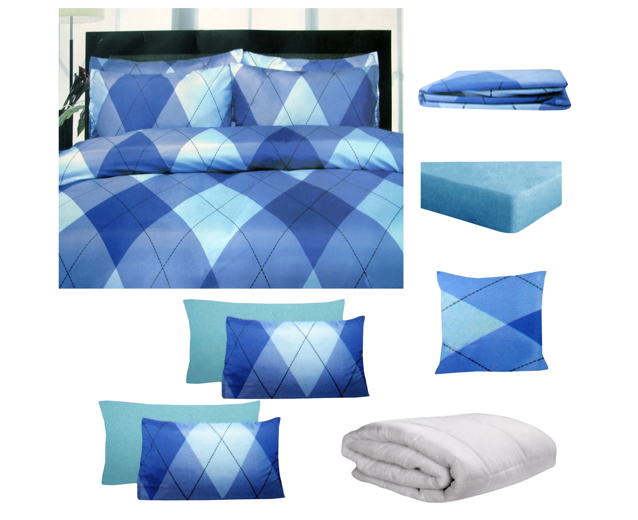 8 Pce Bed in a Bag Set Argyles Blue