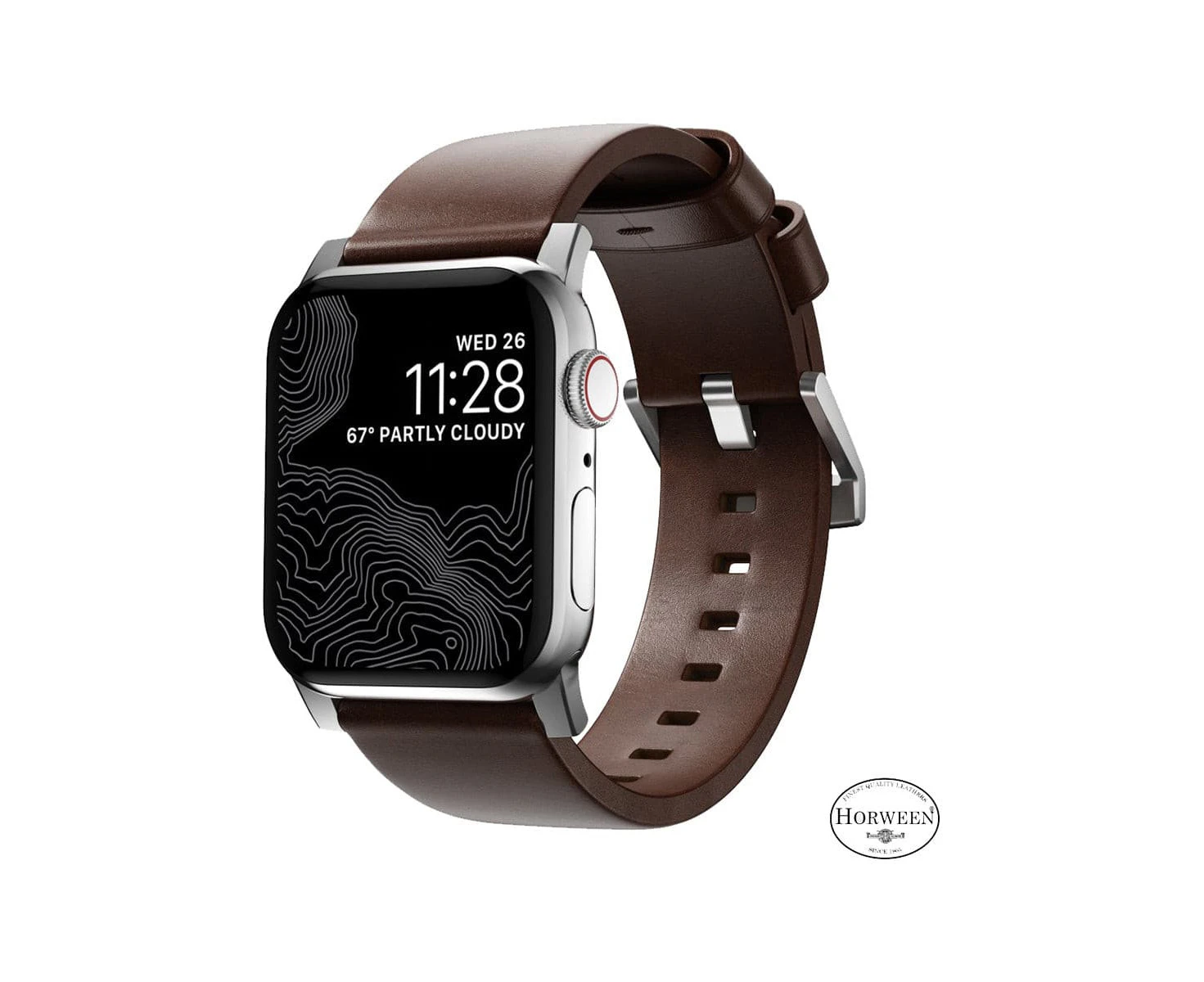 NOMAD Apple Watch Modern Band 45mm / 49mm - Silver Hardware with Rustic Brown Horween Leather Strap