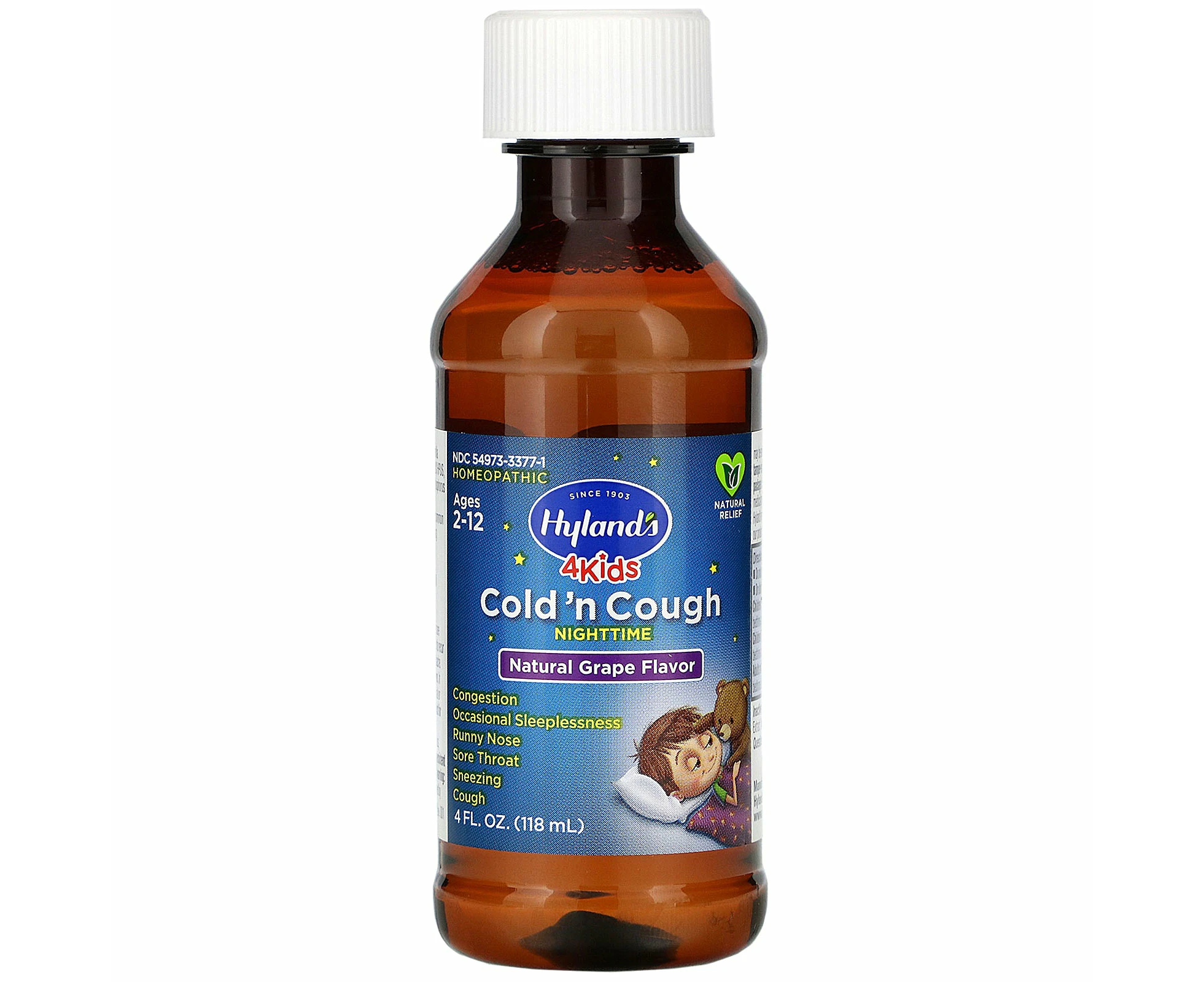 Hyland's, 4 Kids, Cold 'n Cough Nighttime, Ages 2-12, Natural Grape Flavor, 4 fl oz (118 ml)