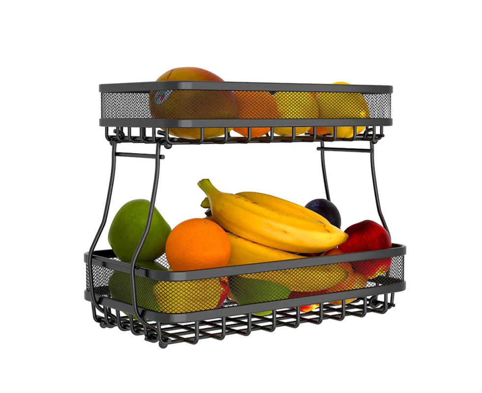 2 Tier Fruit Storage Basket Kitchen Countertop Organizer with Bold Carbon Steel Wire Mesh Bowl for Vegetable Fruit Detachable Metal Rectangular Wire Basket