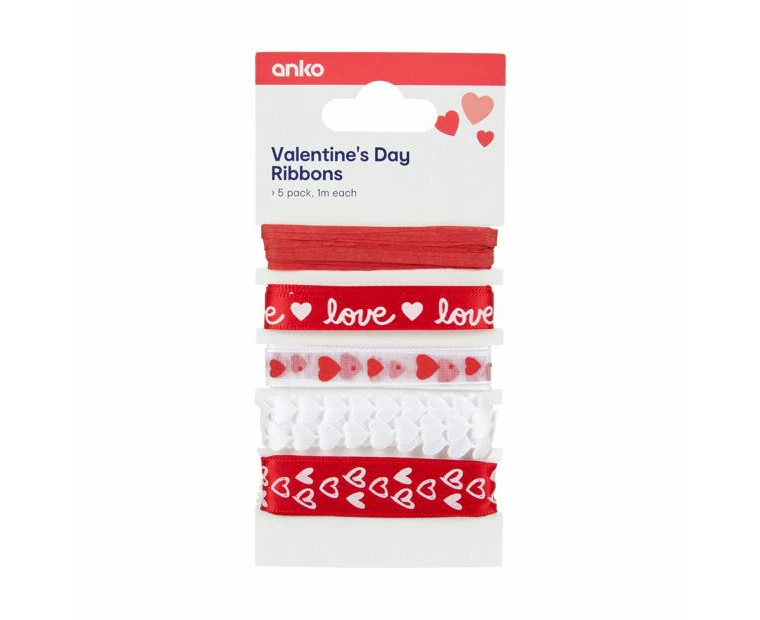 5 Pack Valentine's Day Ribbons - Anko