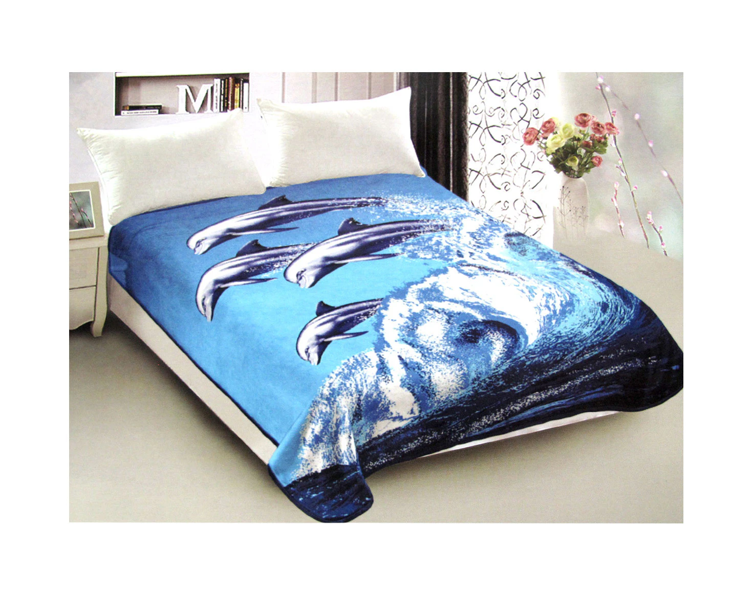 800GSM Luxury Reversible Animal Pattern Mink Blanket Queen 200 x 240 cm Jumping Dolphins