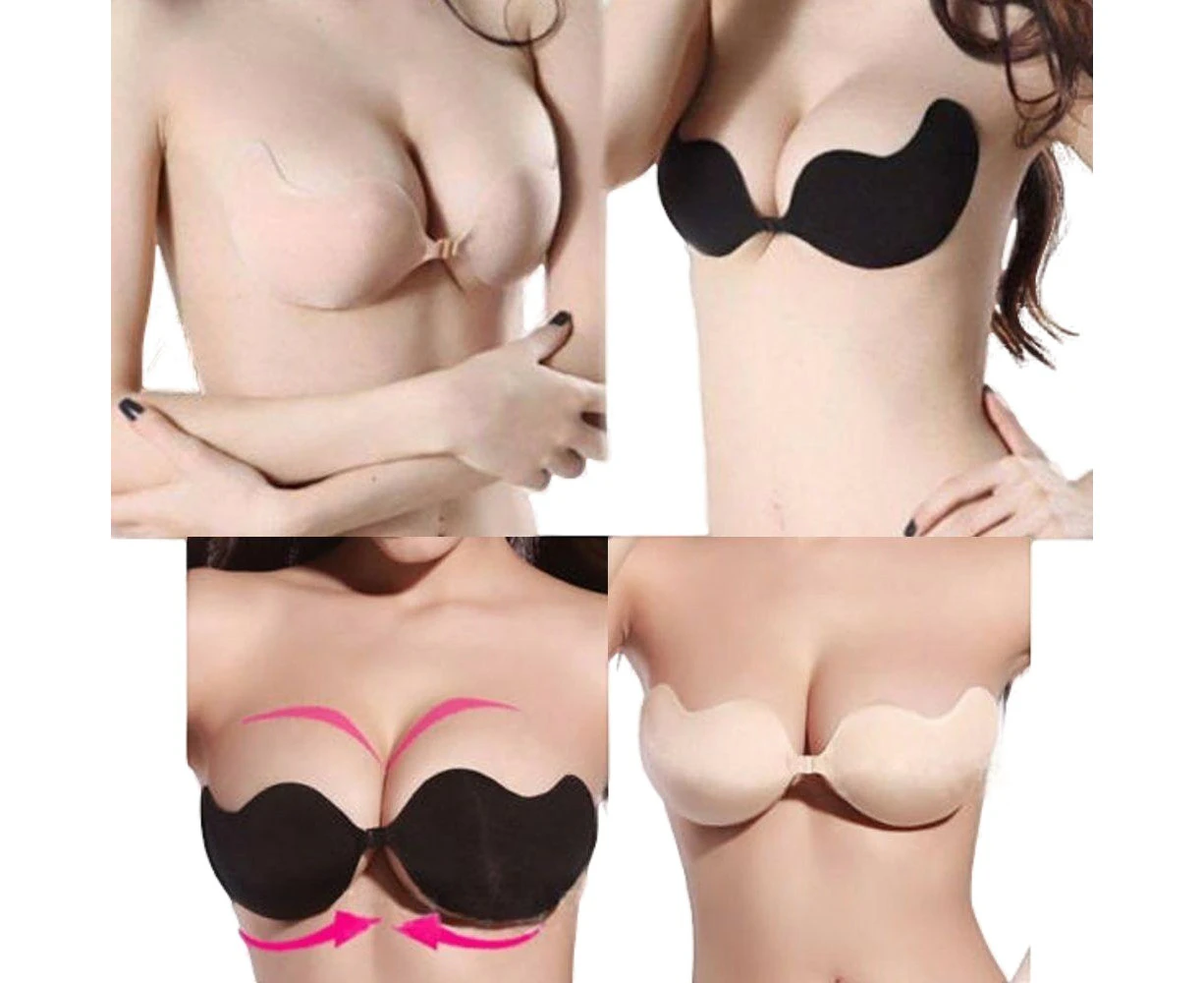 Womens Self Adhesive Nude Black Push Up Strapless Bra Winged Chicken Fillets Lycra