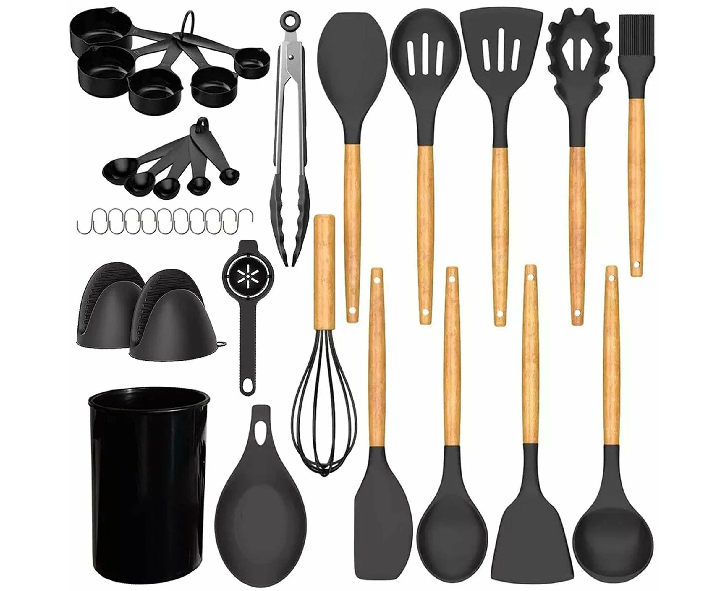 Silicone Utensils Wooden Cooking Kitchen Baking Cookware Black/Khaki Set of 36 - Black