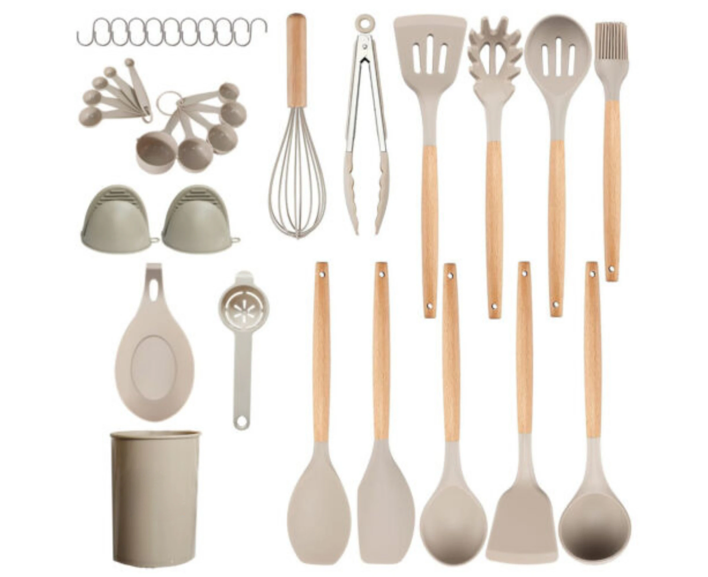 Wooden Cooking Silicone Utensils 36 Set Kitchen Cookware - Khaki