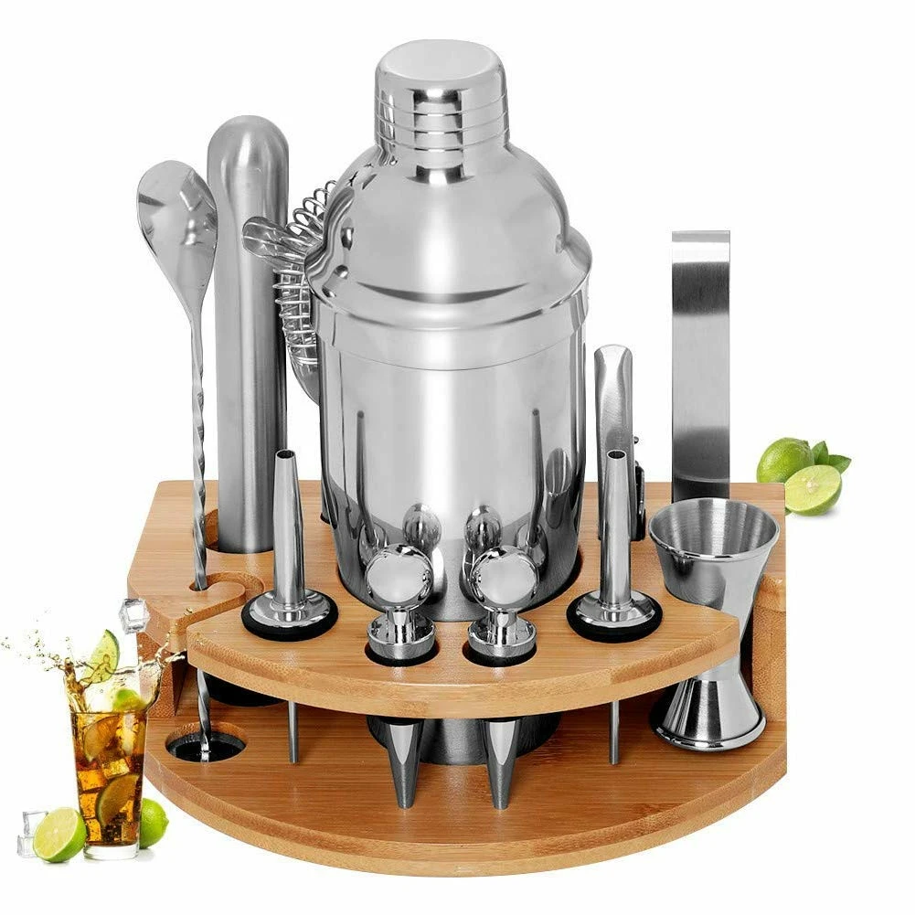 Cocktail Shaker Set,Cocktail Set with Bamboo Stand 12 Piece Bartender Kit 750ml Stainless Steel Martini Cocktail Shaker with Cocktail Recipes Booklet