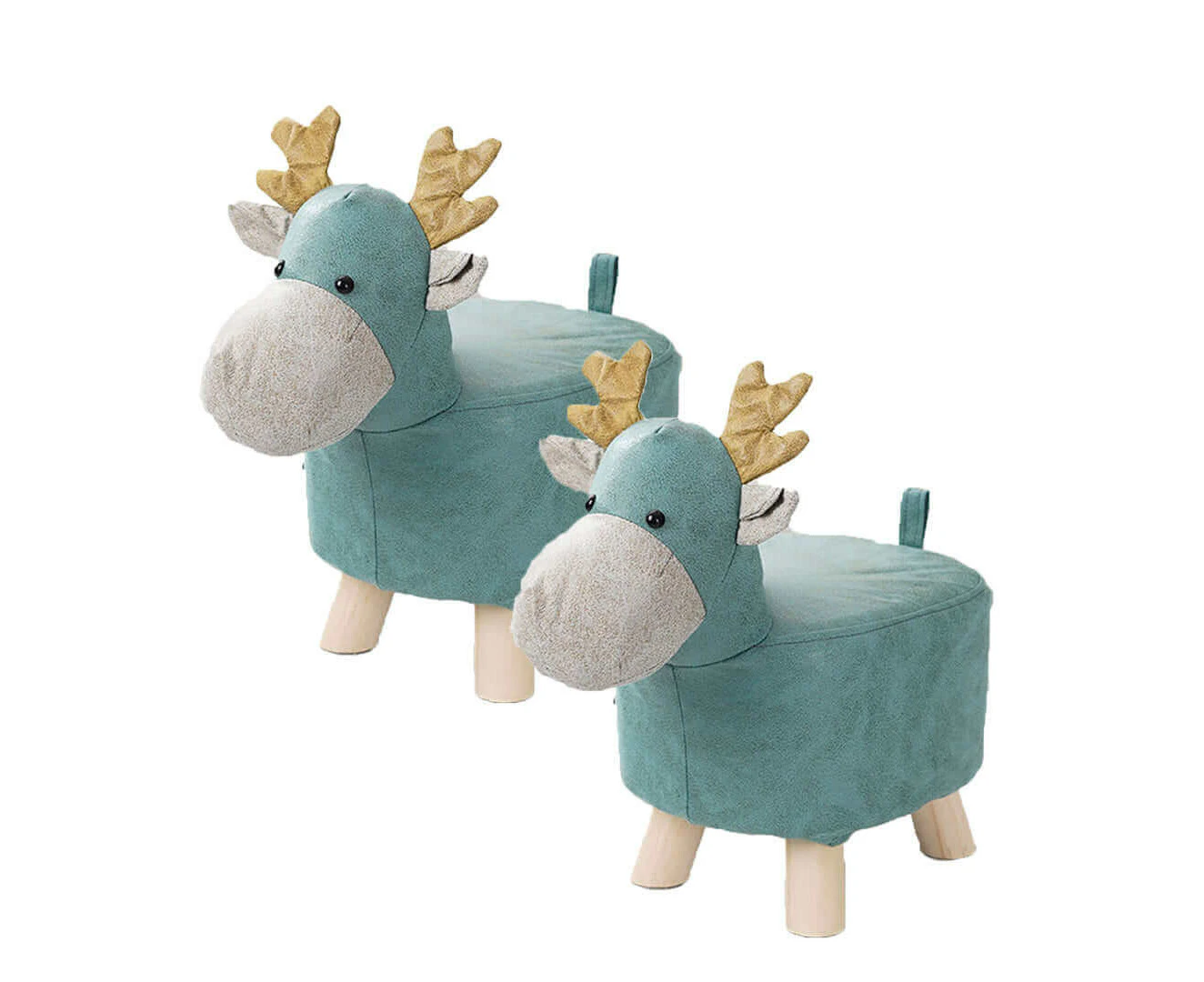 Soga 2x Green Children Bench Deer Character Round Ottoman Stool Soft Small Comfy Seat Home Decor