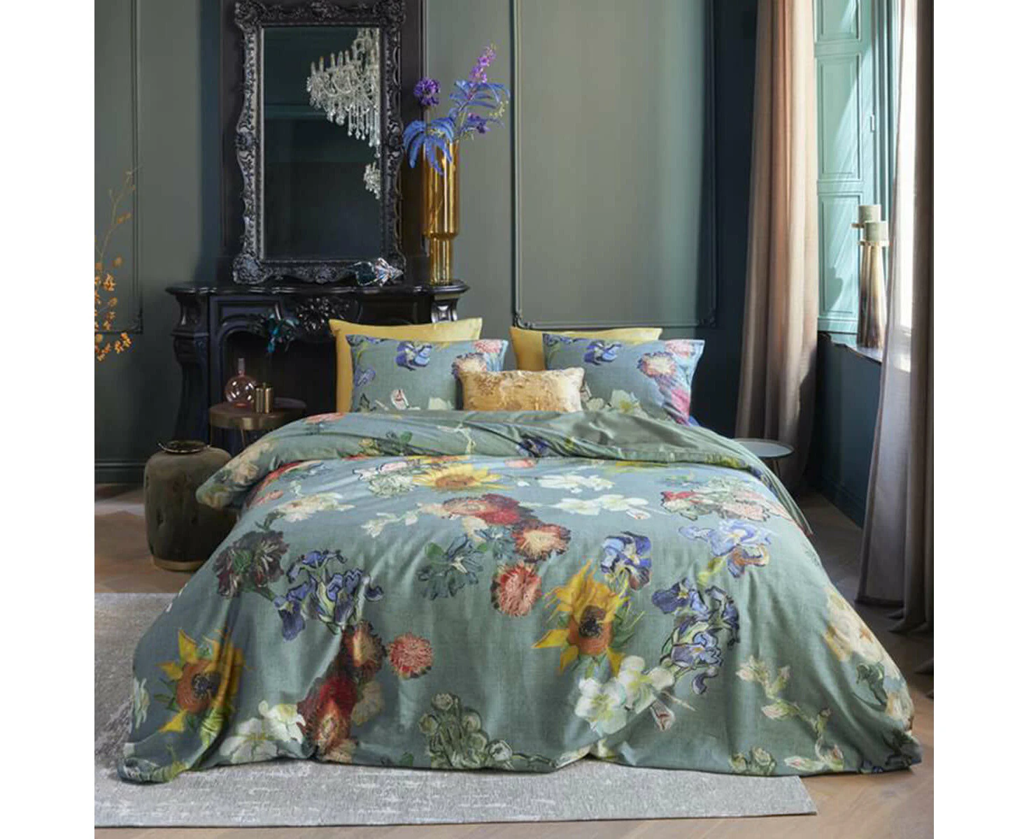 Bedding House Van Gogh Partout Des Fleurs Green Cotton Sateen Quilt Cover Set King