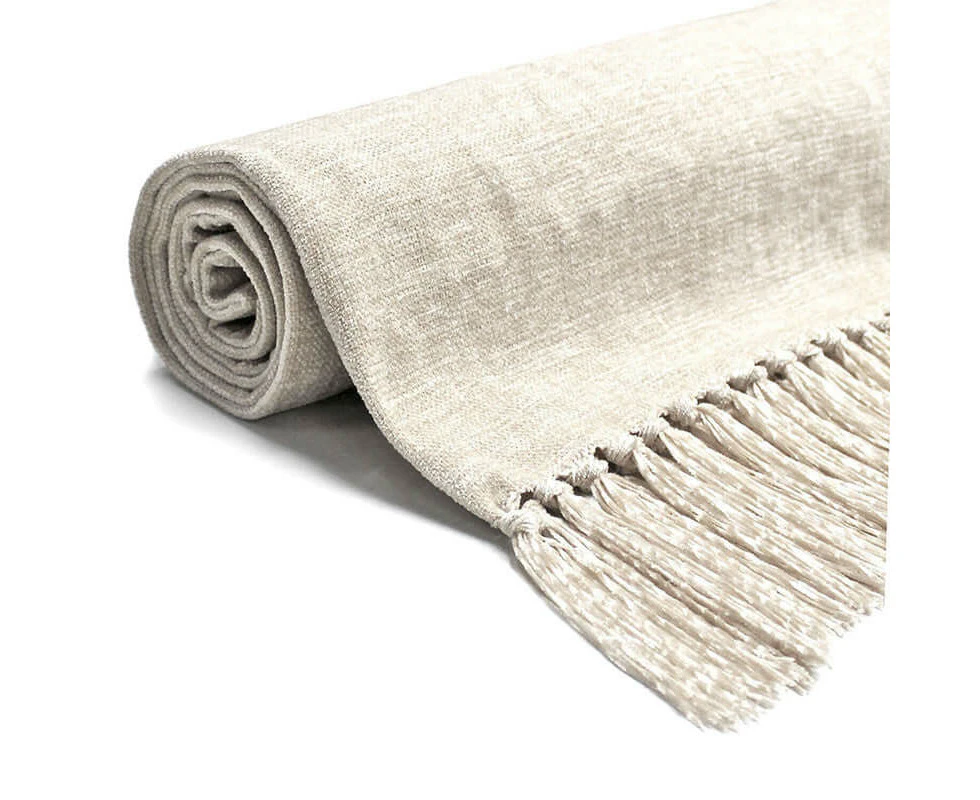 Acrylic Chenille Tassel Knitted Blanket Bed Sofa Throw Rug 150 X 200 Cm (white)