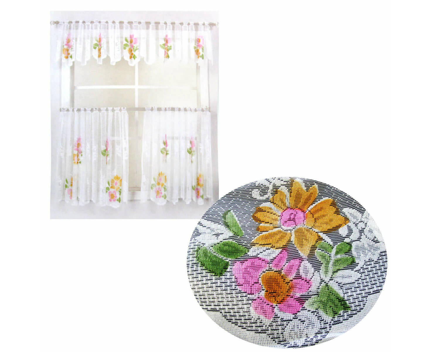 3 Pce Cafe Blooms Lace Kitchen Curtain Set