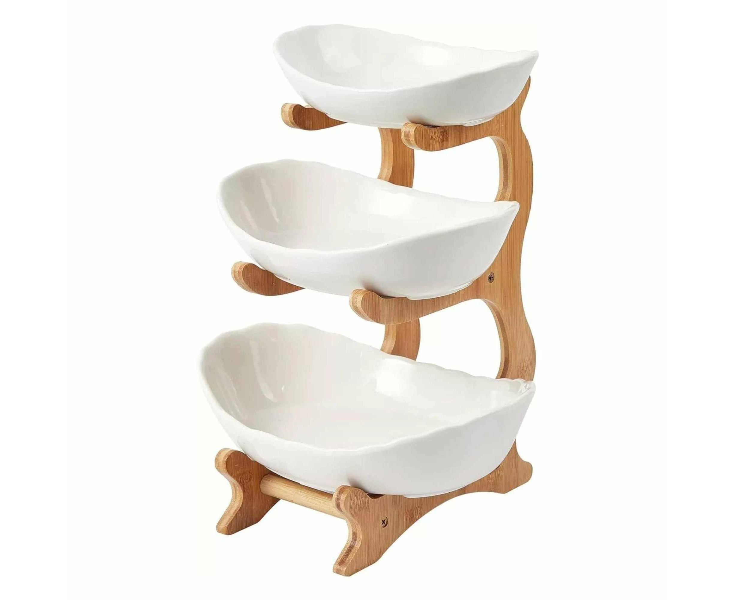 3 Tier Porcelain Fruit Bowl Ceramic Vegetable Storage With Bamboo Stand