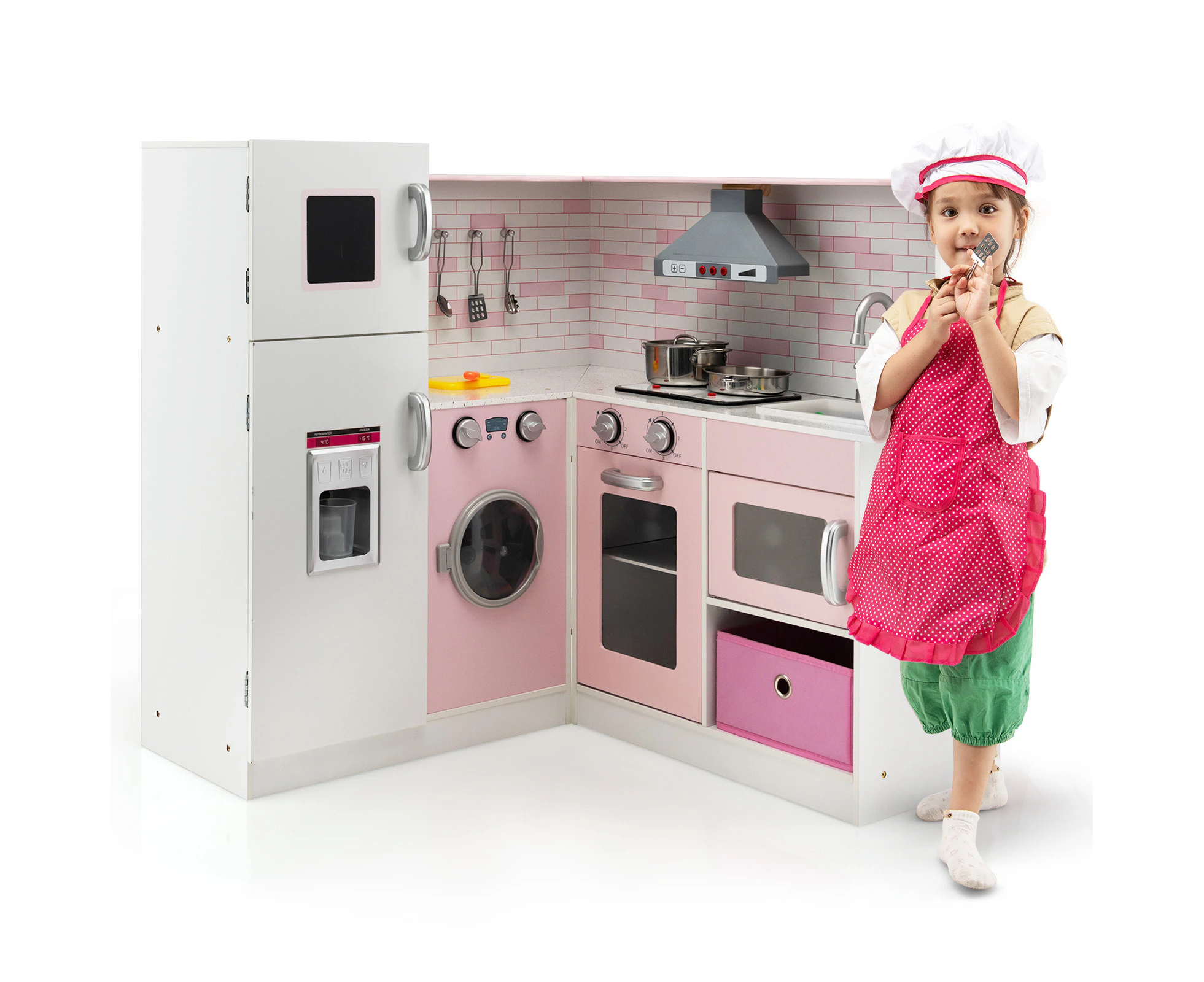 Costway Kitchen Playset Wooden Cooking Pretend Toy Set Gift Home w/Cookware & Apron Pink