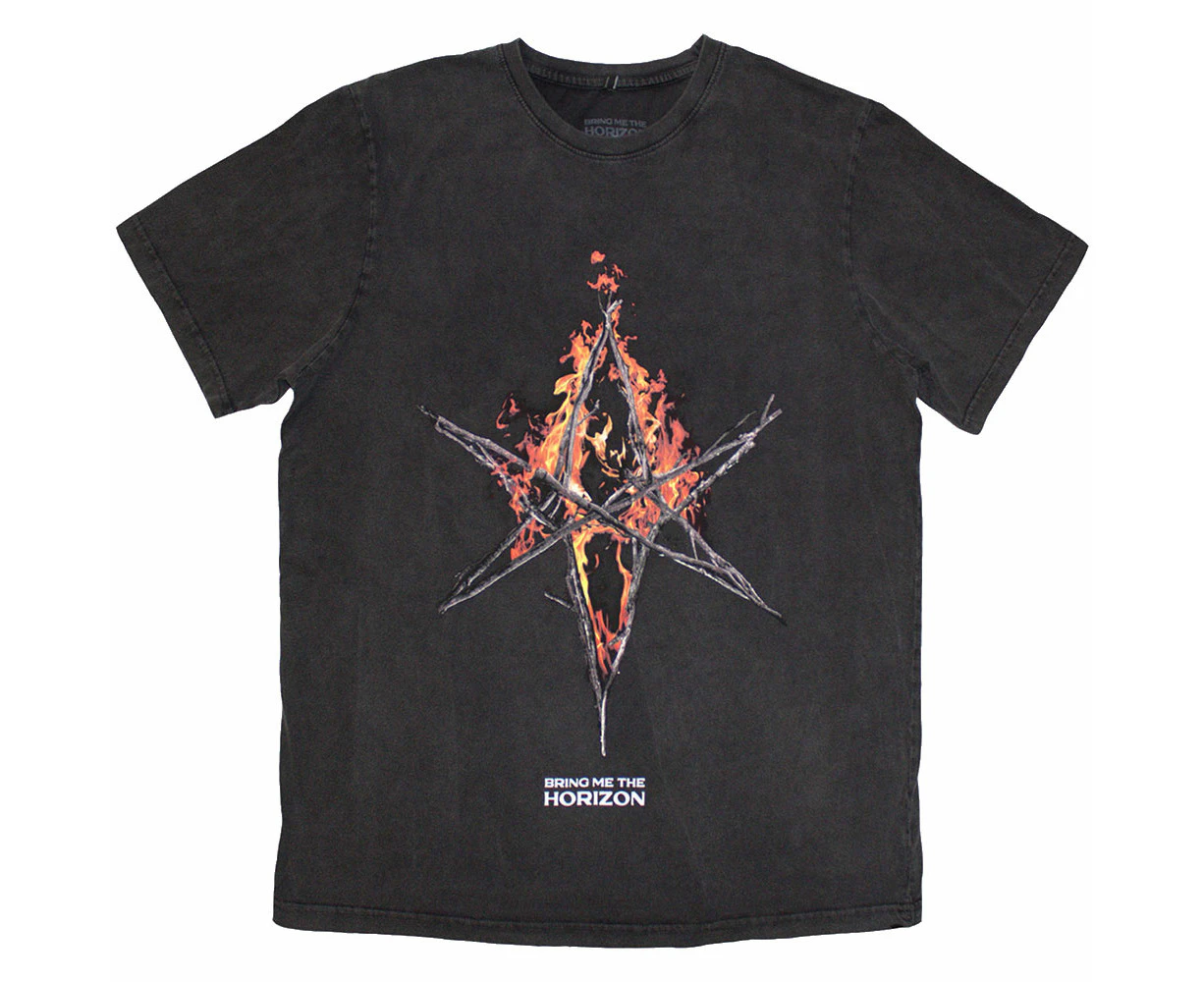 Bring Me The Horizon Flame Hex And Text Logo Snow Wash T Shirt