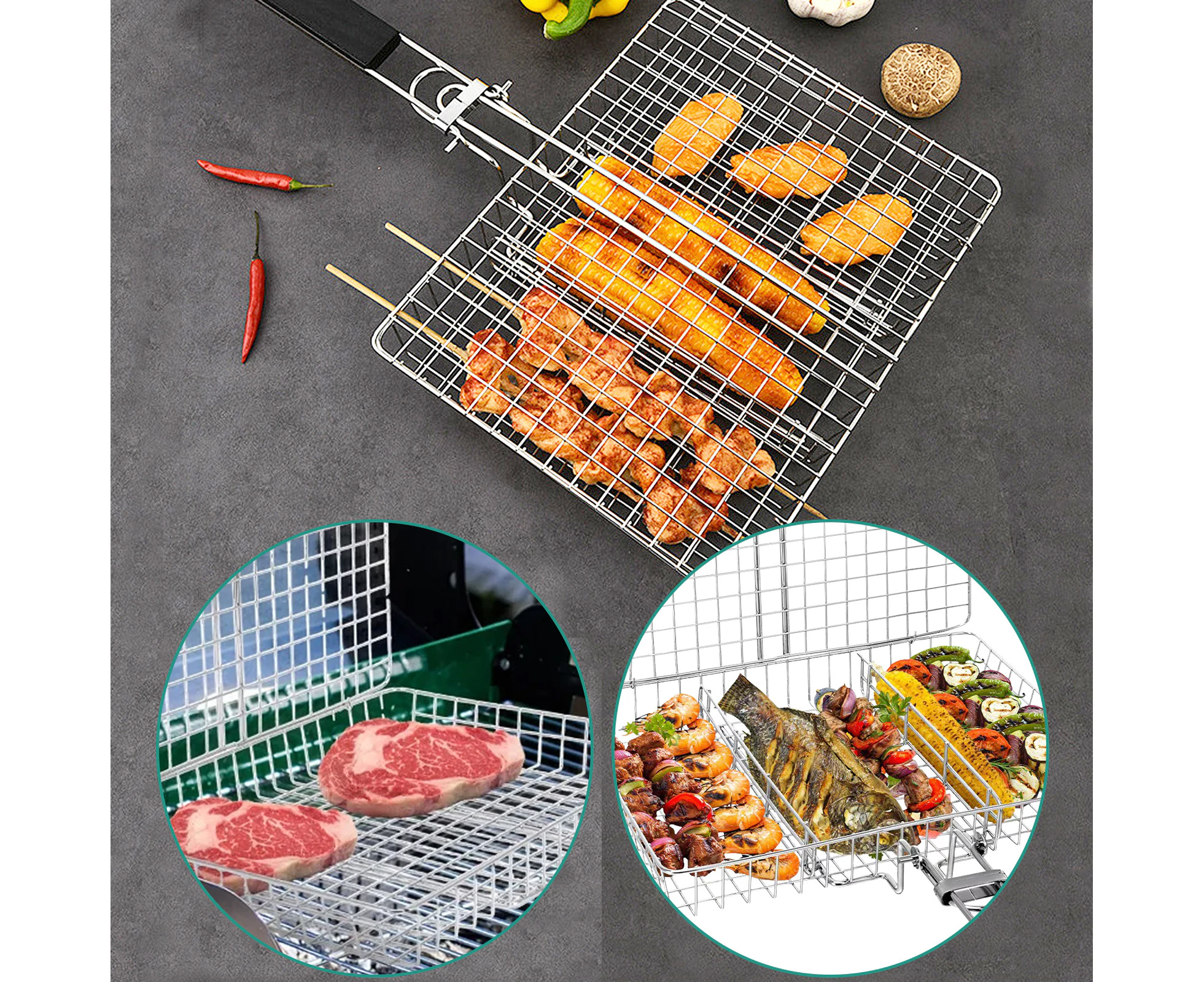 31CM Stainless Steel BBQ Grill Basket with Handle Portable Grilling Baskets Wire Mesh Net Clip for Fish Vegetables Meat Steak Shrimp Chops