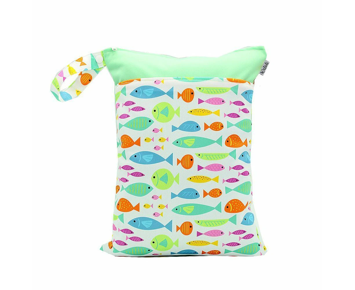 Waterproof Double Zip Wet Bag Green Fish 30x40cm