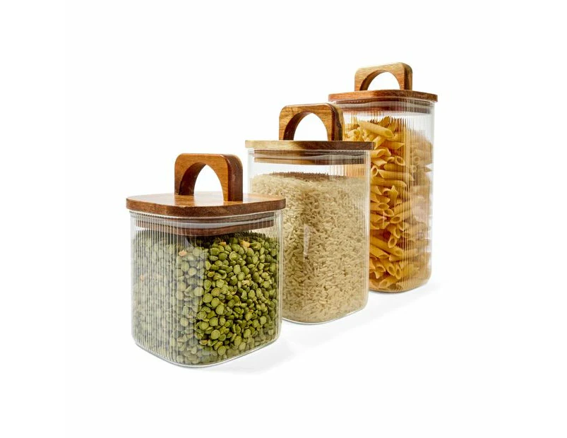 Set of 3 Linear Glass Canisters with Acacia Lids - Anko