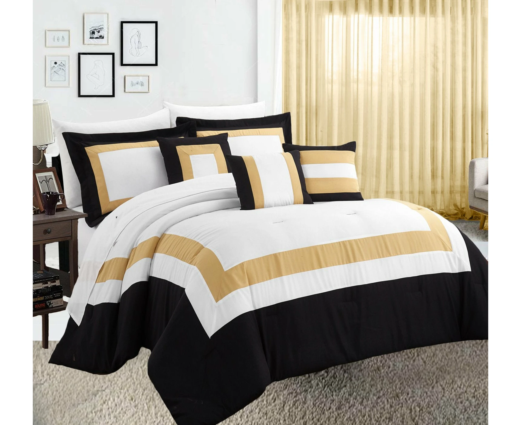 Home Fashion 10 Piece Soft Bed Comforter And Sheet Sets Bedspread Cushions Pillowcase Set Gold