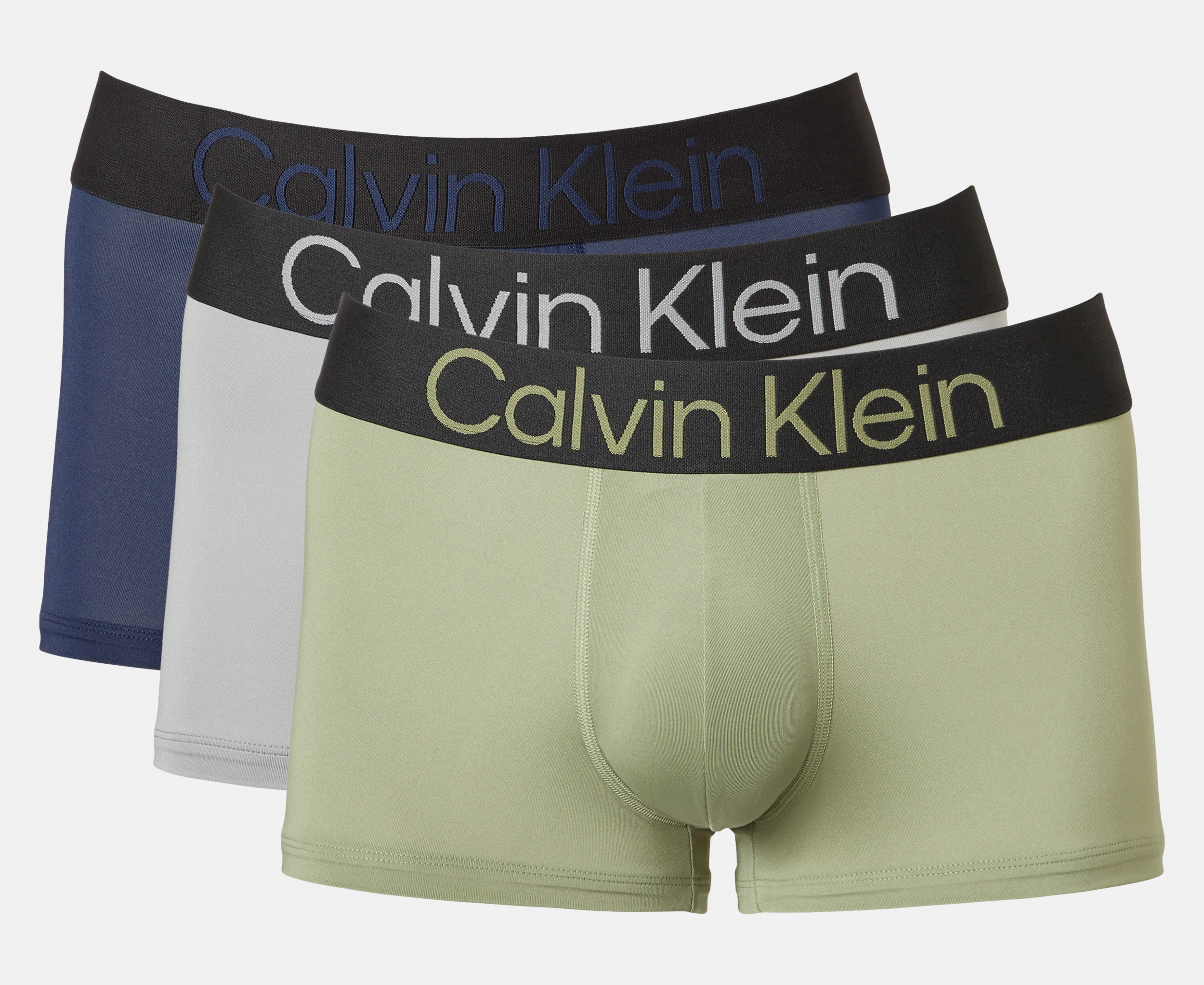 Calvin Klein Men's Microfibre Low Rise Trunks 3-Pack - Peacoat/Wolf Grey/Oil Green