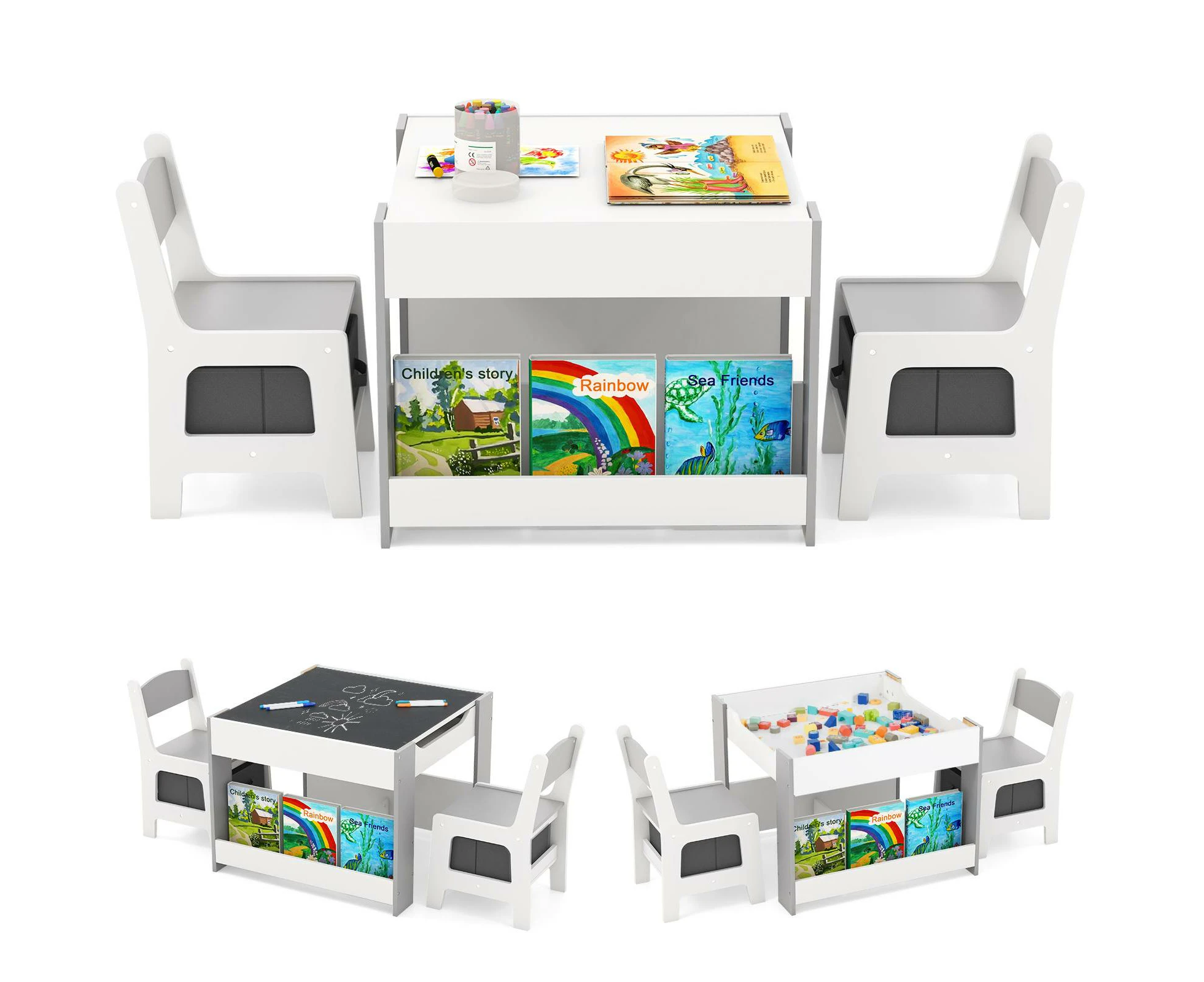 4-in-1 Kids Table & Chair Wooden Activity Set w/Reversible Blackboard Drawing Reading Desk Grey