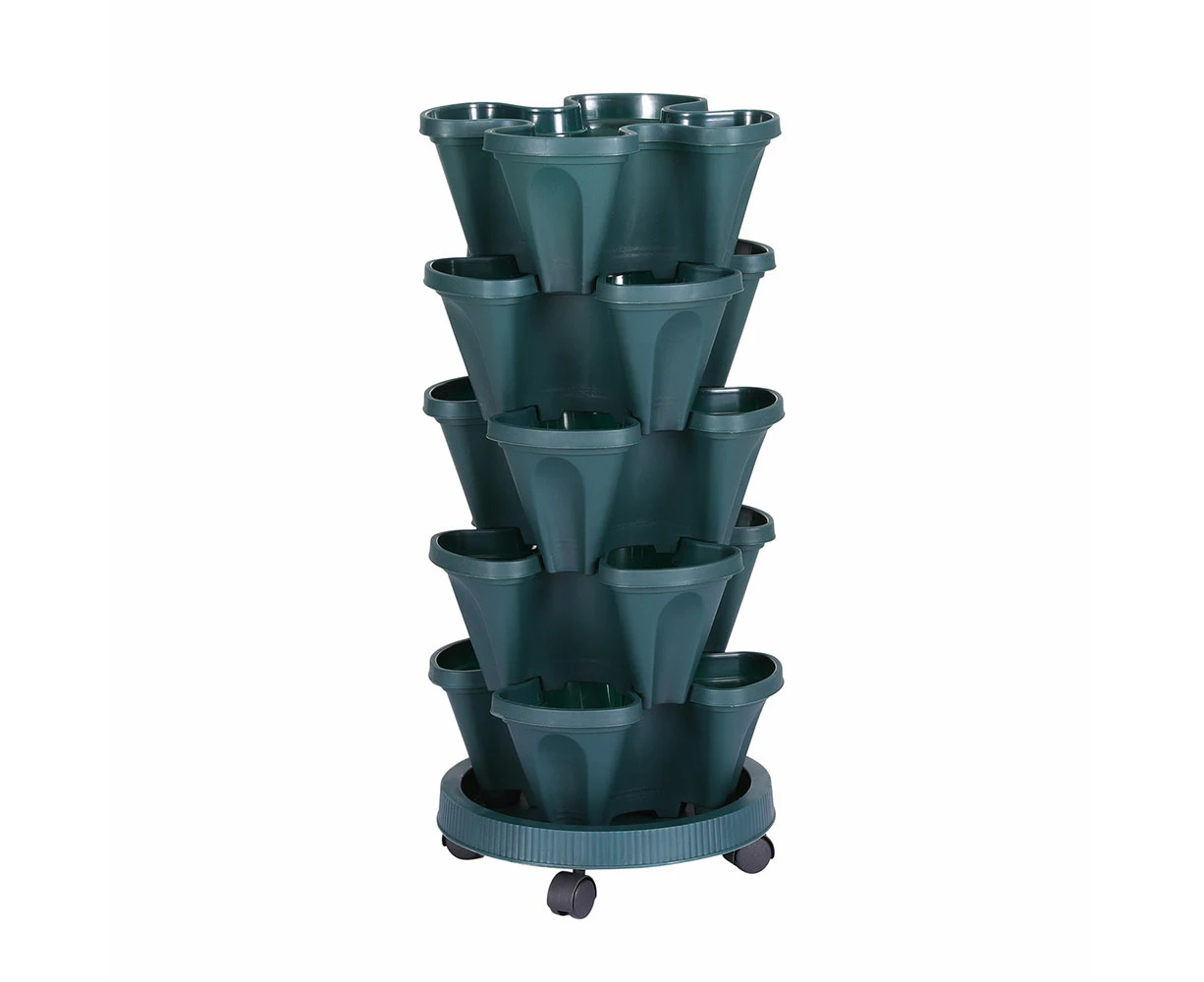 5-Pot Strawberry Planter Stackable Automatic Drainage Indoor Outdoor Dark Green