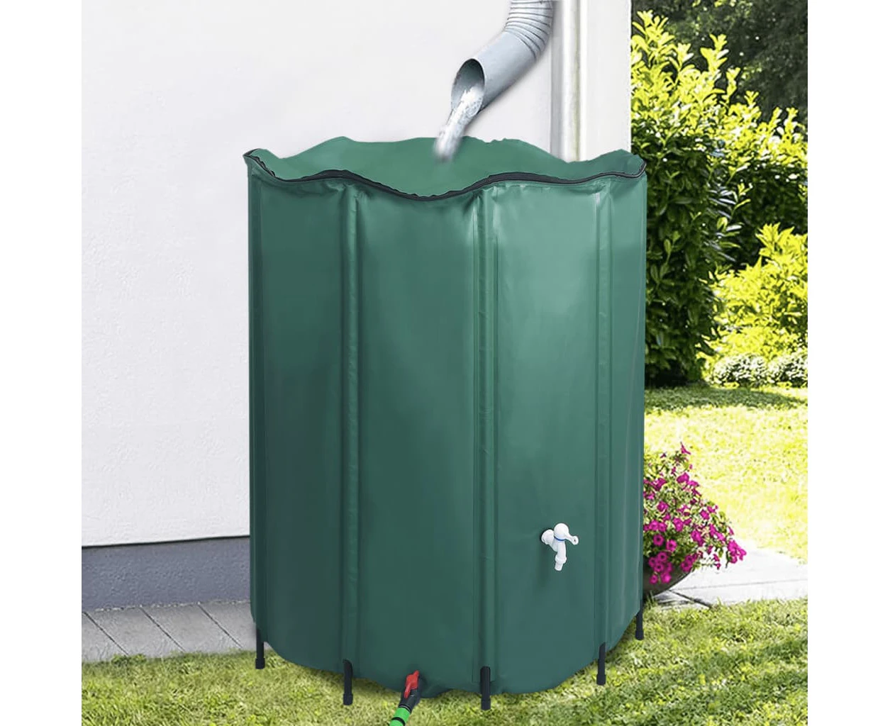 Collapsible Rain Water Barrel Tank with Spigot Durable PVC Garden Storage Green