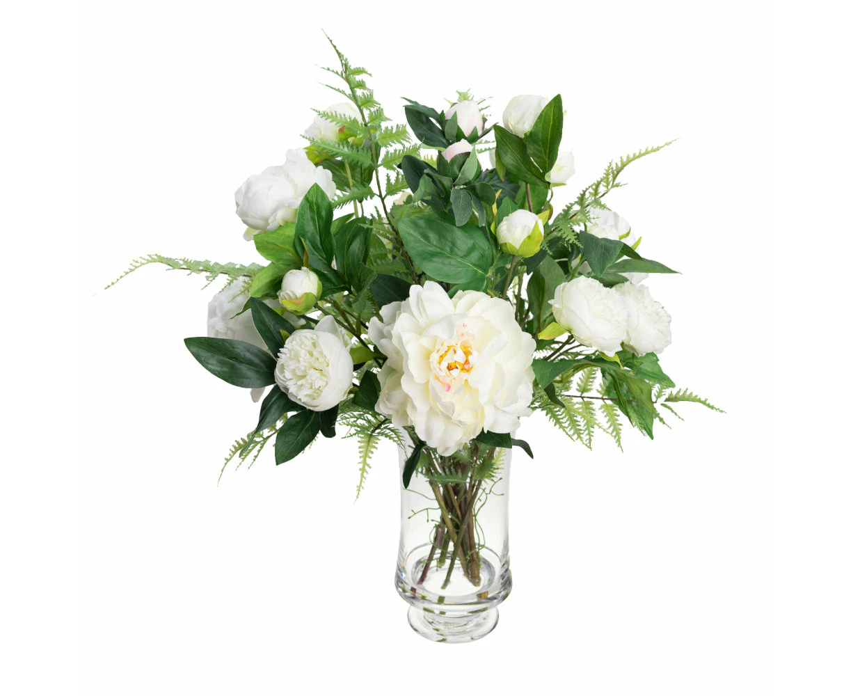 Glamorous Fusion Large Peony Arrangement Artificial Fake Plants Decoration 65cm In Glass White