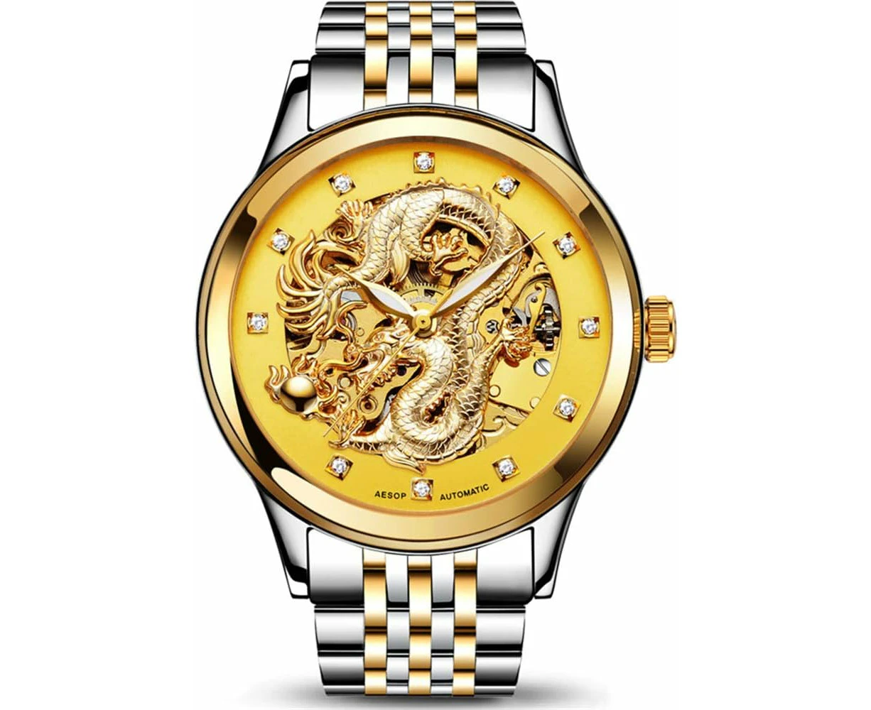 VEANXIN Men's 'Dragon Collection' Luxury Carved Dial Automatic Mechanical Waterproof Gold Watch