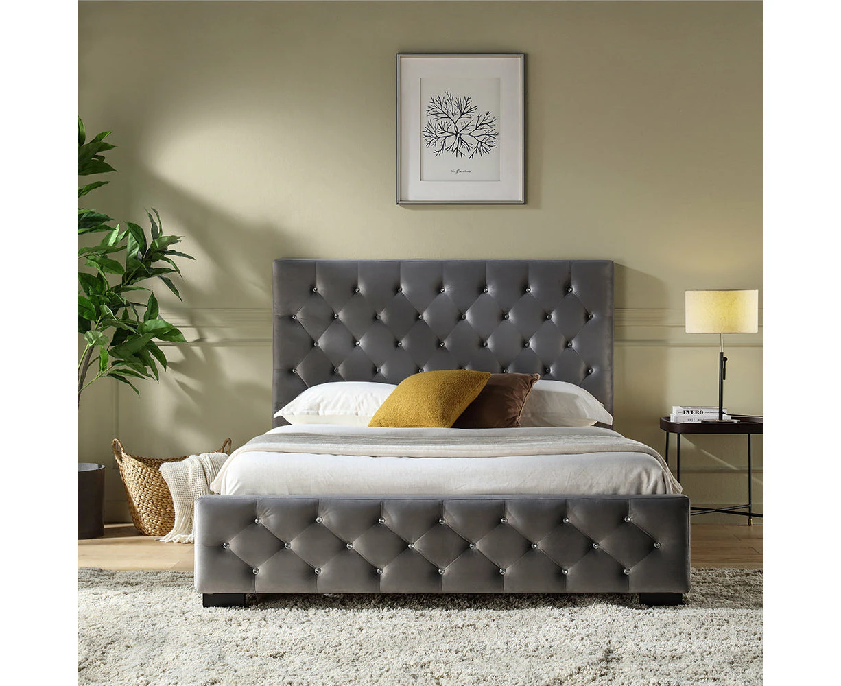 Dallas Velvet Bed With Tufted Diamond Grey