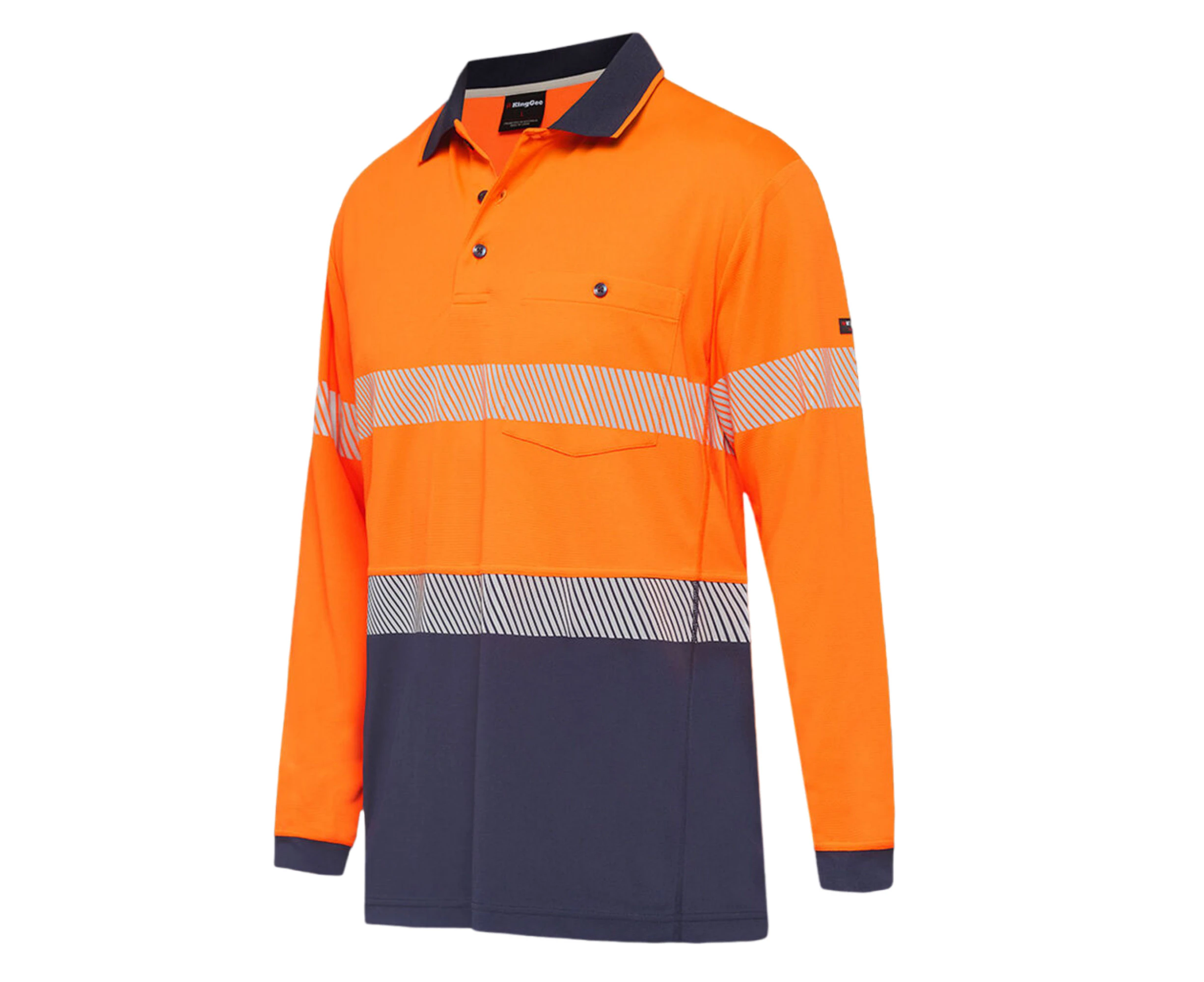 KingGee Men's Workcool Hyperfreeze Hi-Vis Reflective Long Sleeve Polo - Orange/Navy