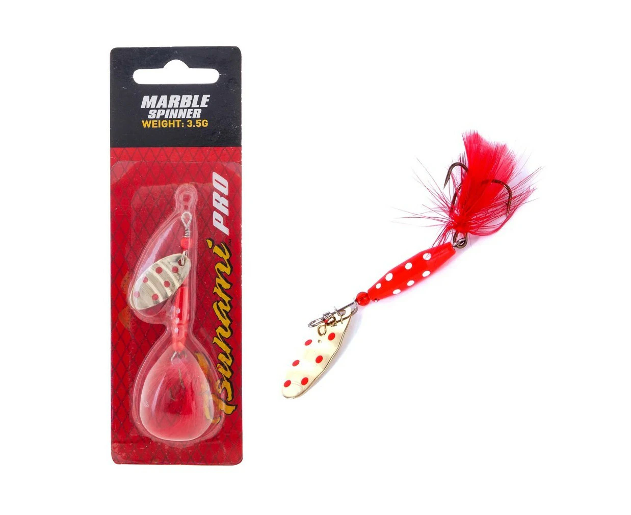 3.5gm Red & White Dot| Gold/Red Tsunami Marble Spinner Lure with Red Feather