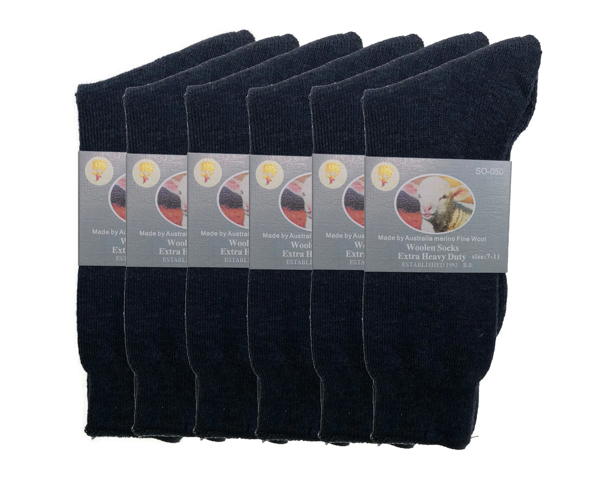 6 Pairs Merino Wool Blend Woolen Work Socks Hiking Heavy Duty Warm Thermal Bulk - Navy