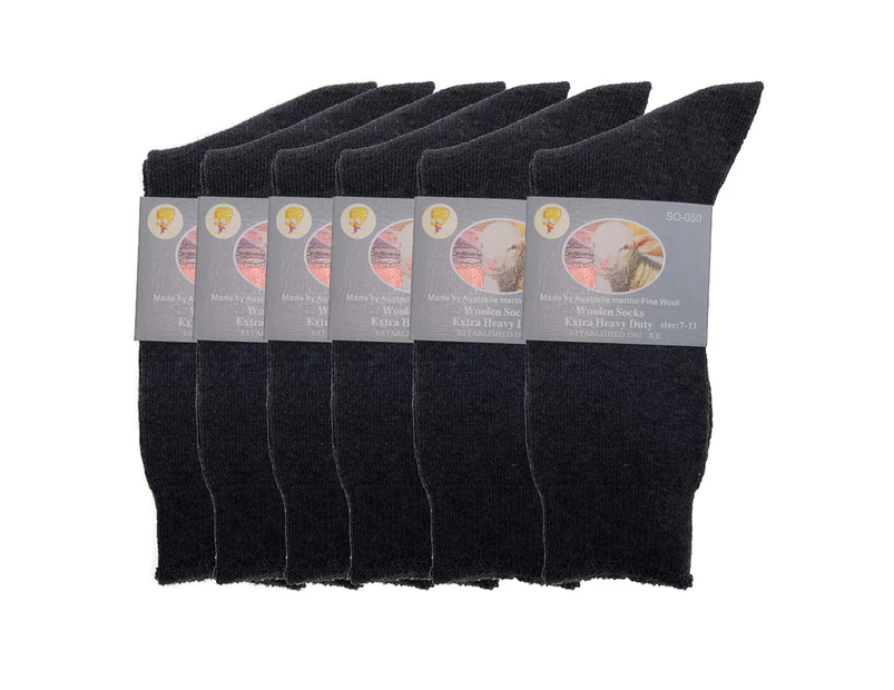 6 Pairs Merino Wool Blend Woolen Work Socks Hiking Heavy Duty Warm Thermal Bulk - Charcoal