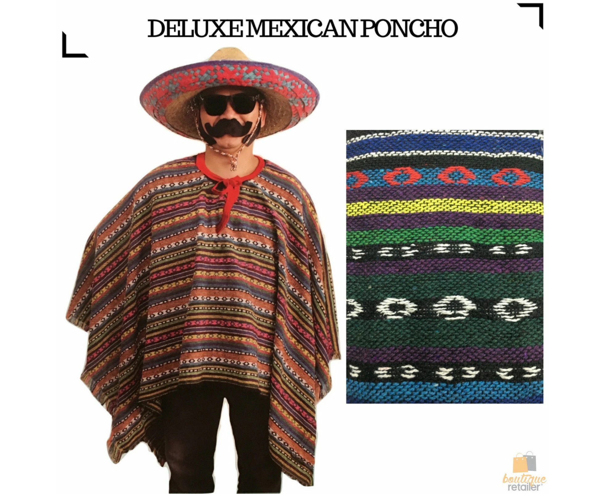 PREMIUM MEXICAN PONCHO Spanish Costume Wild West Cowboy Party Bandit 12467