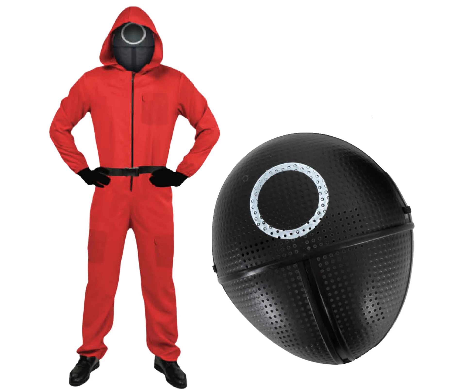 Adult Squid Game Guard Tracksuit Red Full Party Costume Set w/ Mask - Circle Mask