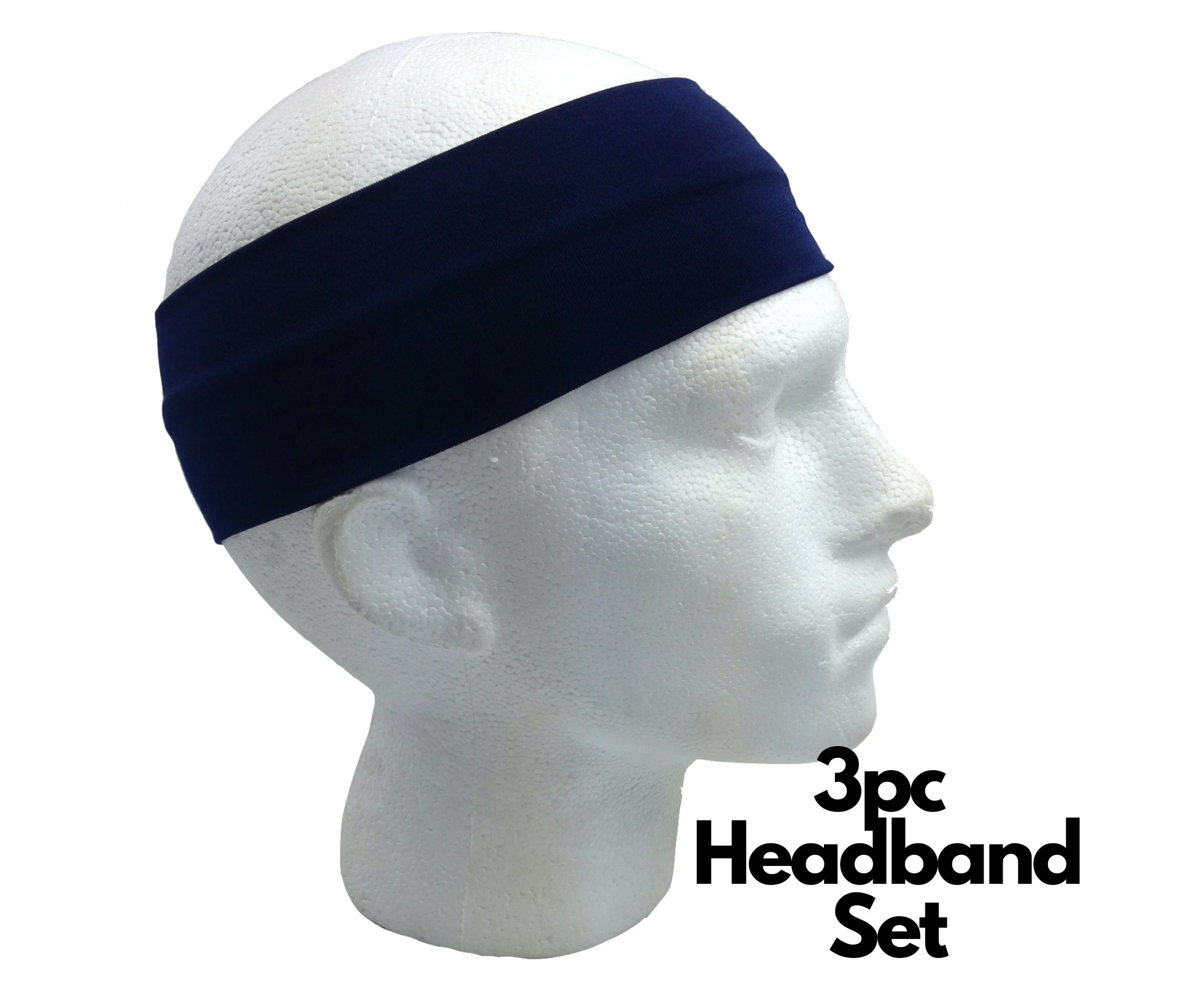 3pc Set Plain Headband Elastic Stretch Sports Yoga Hair Band Unisex Wide Wrap - Navy Blue