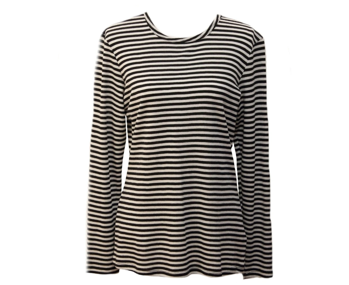 Womens Long Sleeve 100% Pure Wool Stripe Knit Top Warm Winter Thermal Base Layer - Cream/Black