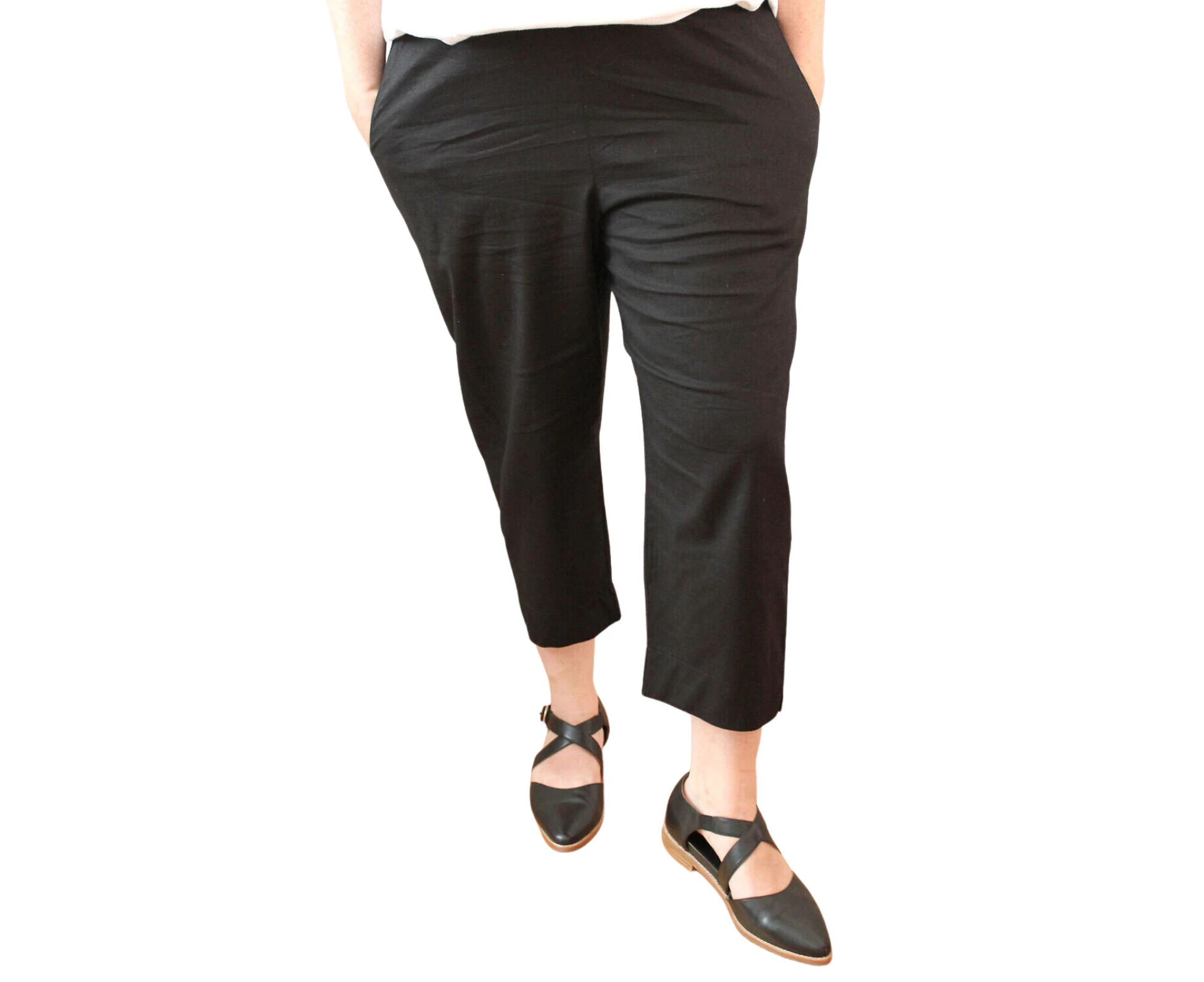 Idyl Womens Linen/Cotton Crop Wide Leg Pants Trousers Ladies Capri - Black