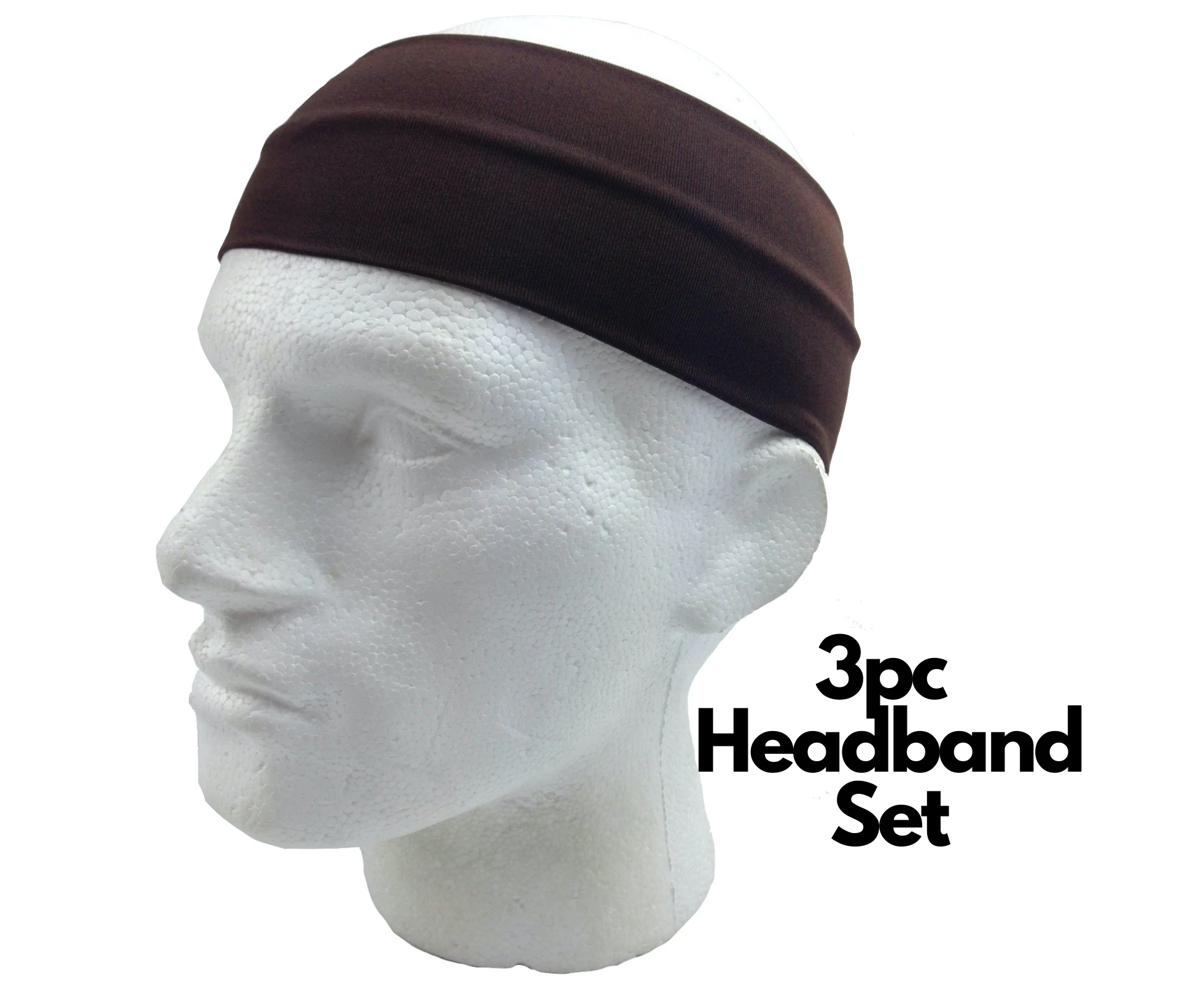 3pc Set Plain Headband Elastic Stretch Sports Yoga Hair Band Unisex Wide Wrap - Brown