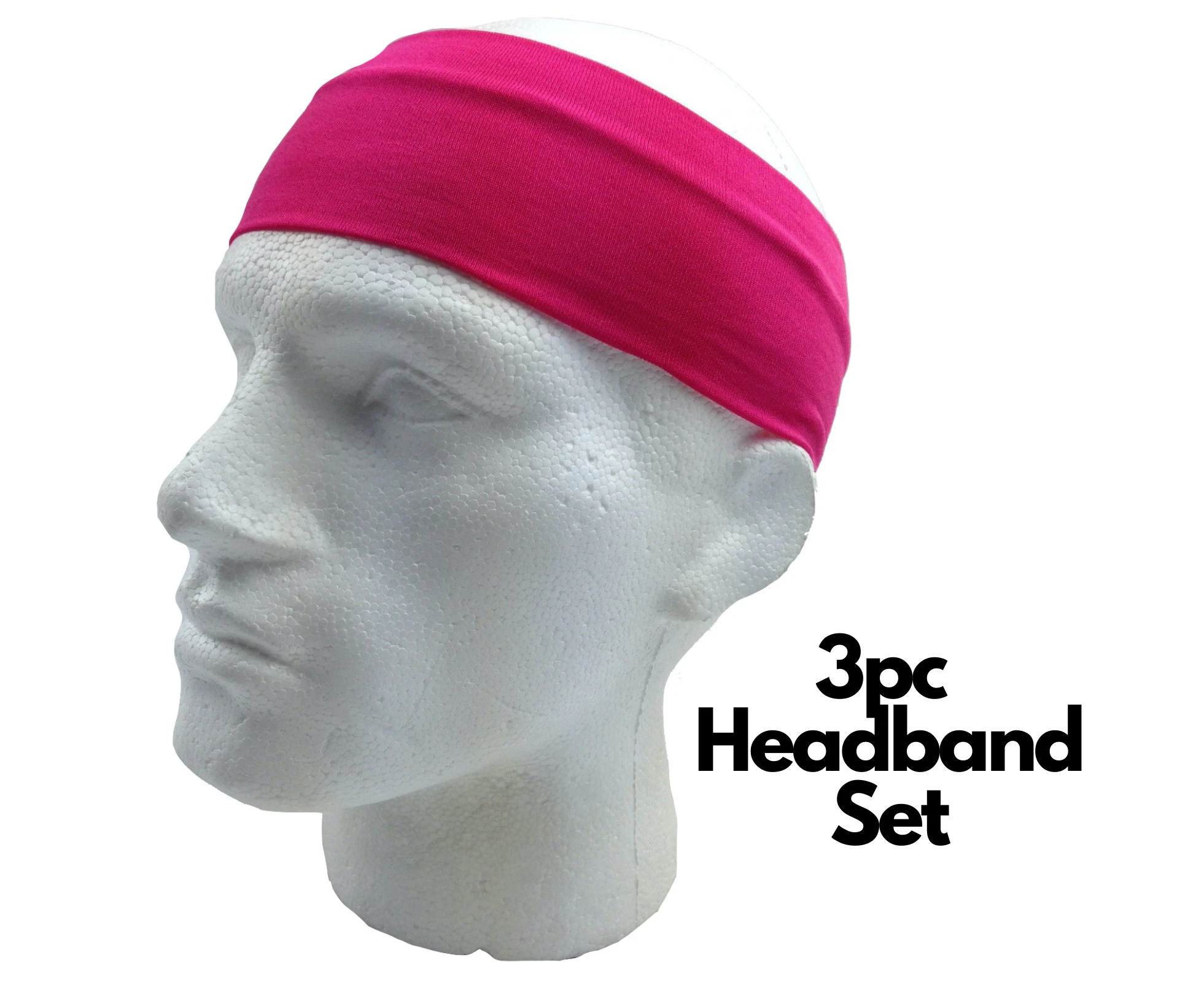 3pc Set Plain Headband Elastic Stretch Sports Yoga Hair Band Unisex Wide Wrap - Hot Pink