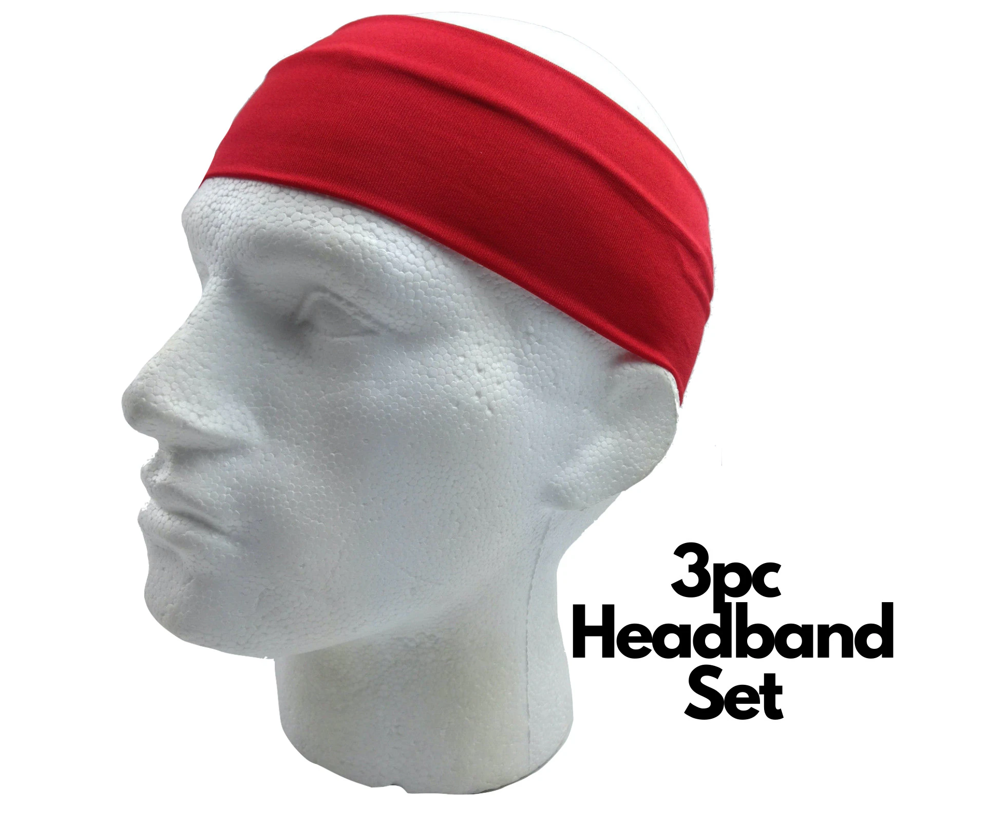 3pc Set Plain Headband Elastic Stretch Sports Yoga Hair Band Unisex Wide Wrap - Red