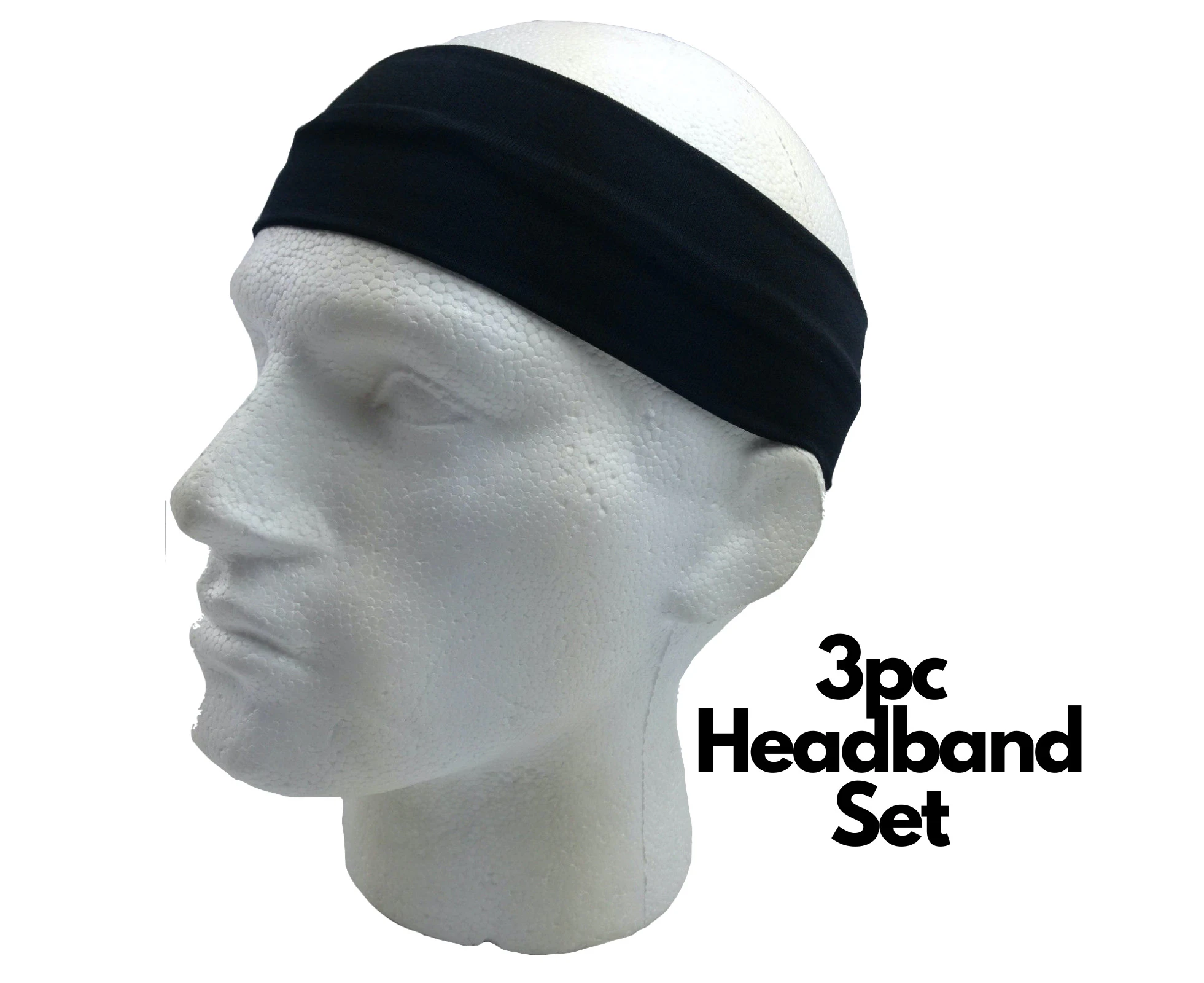 3pc Set Plain Headband Elastic Stretch Sports Yoga Hair Band Unisex Wide Wrap - Black