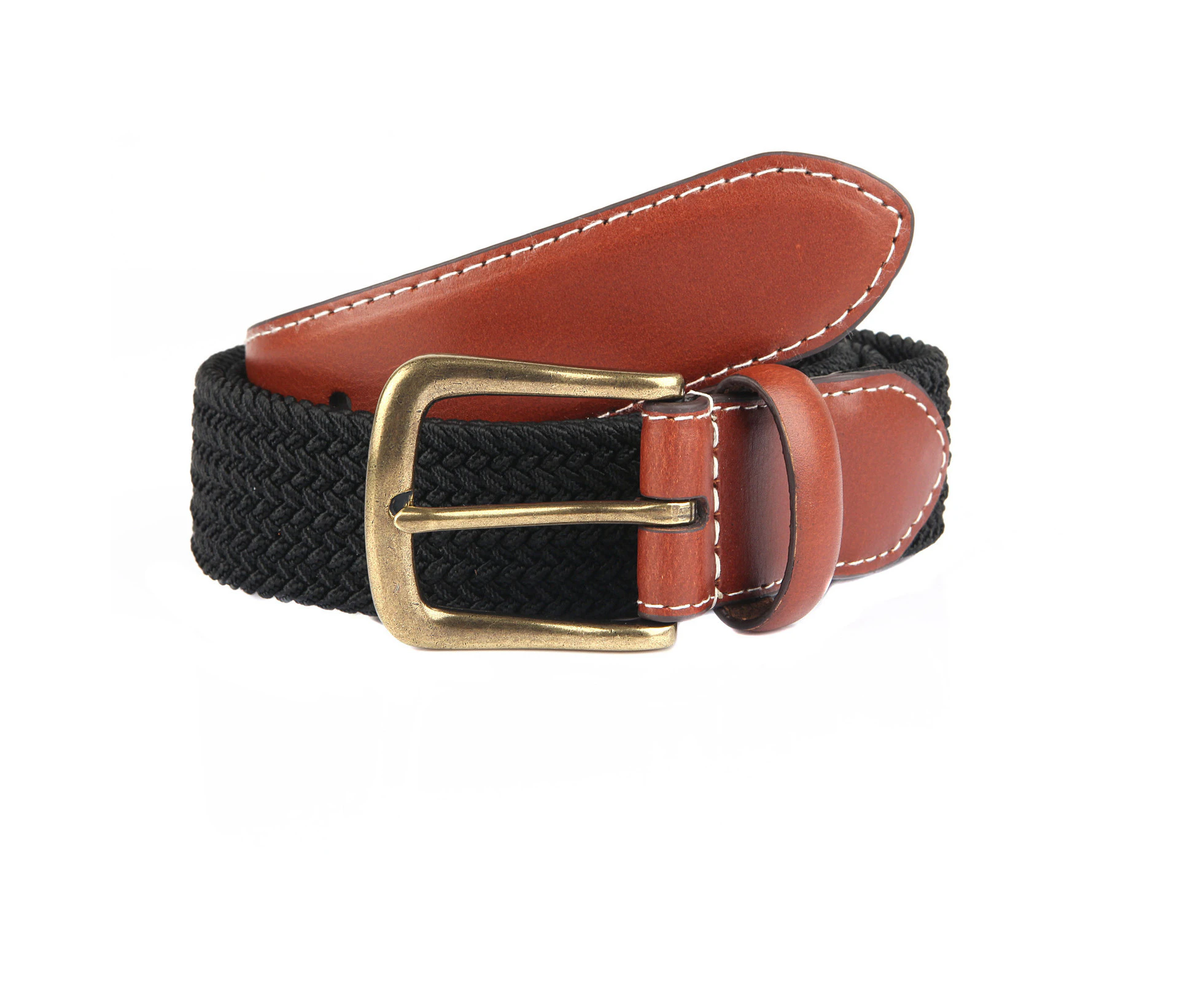 Dents Mens Elastic Stretch Belt Leather End Webbing - Black/Cognac