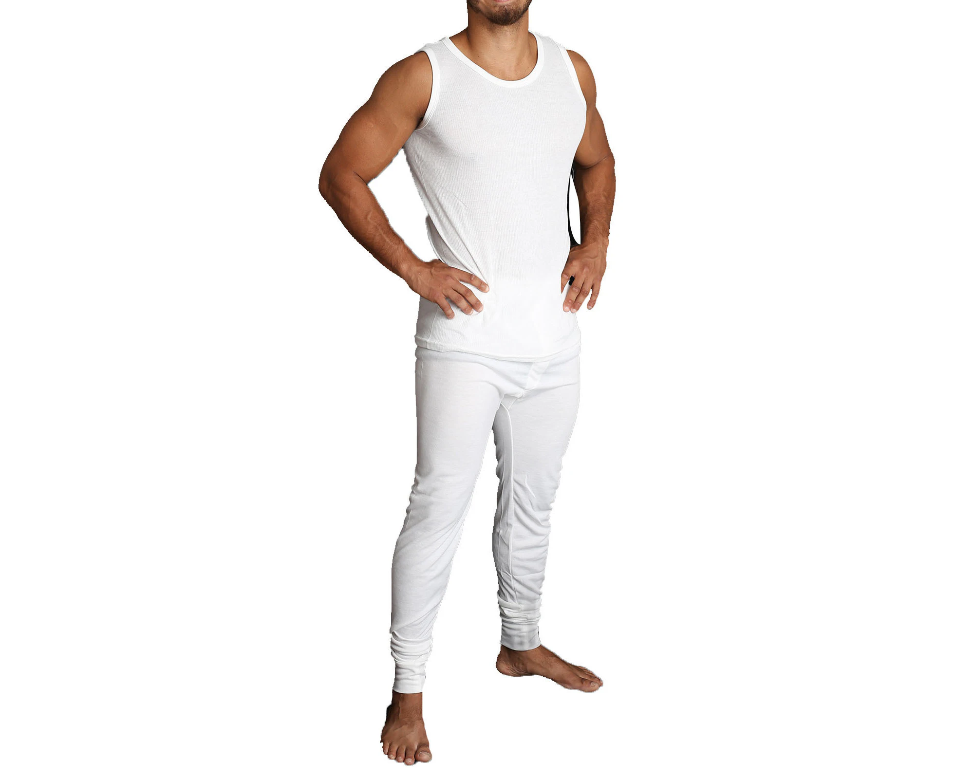 2pcs Set Mens Merino Wool Blend Thermal Singlet Top & Pants Underwear Thermals - Beige