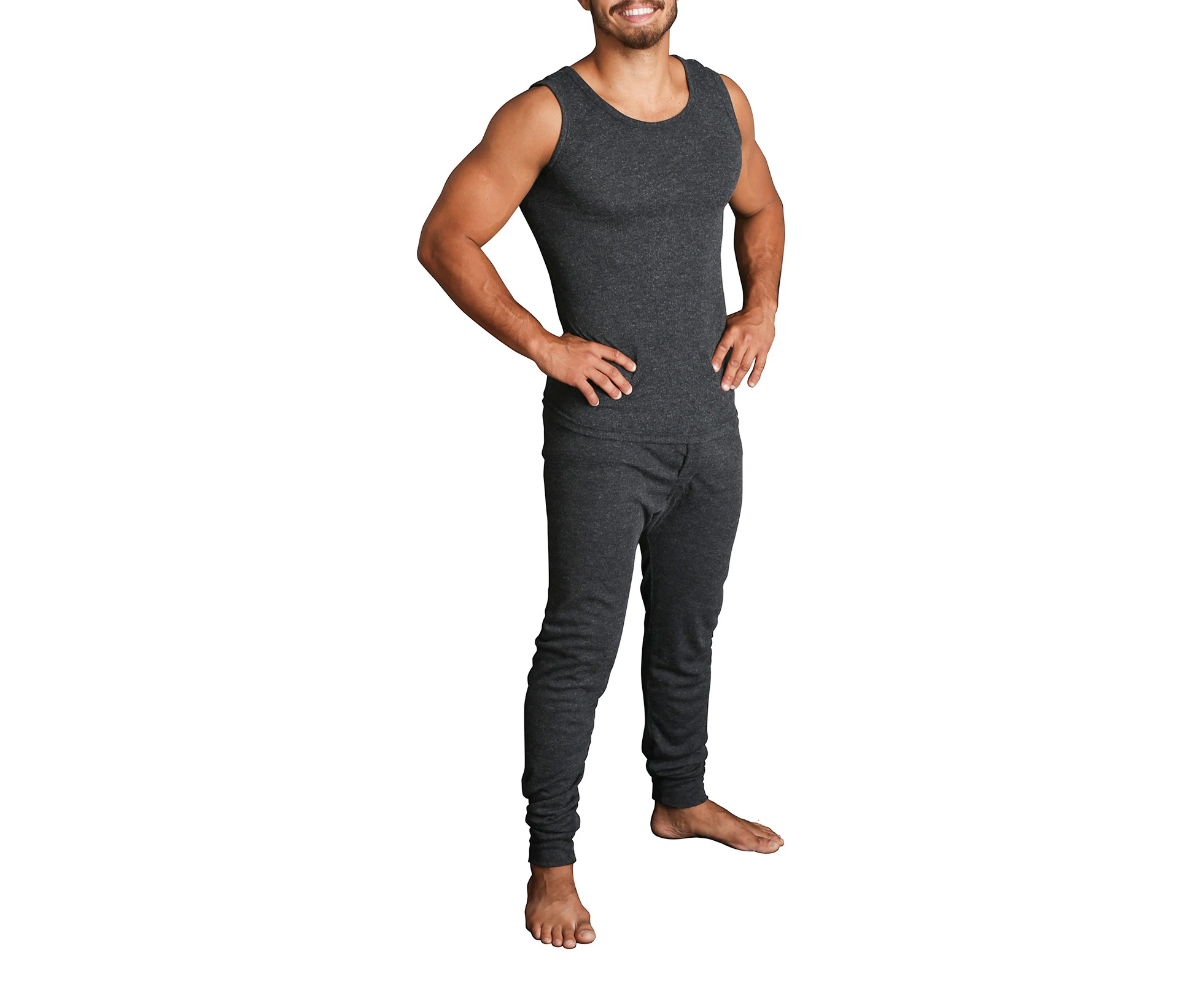 2pcs Set Mens Merino Wool Blend Thermal Singlet Top & Pants Underwear Thermals - Black