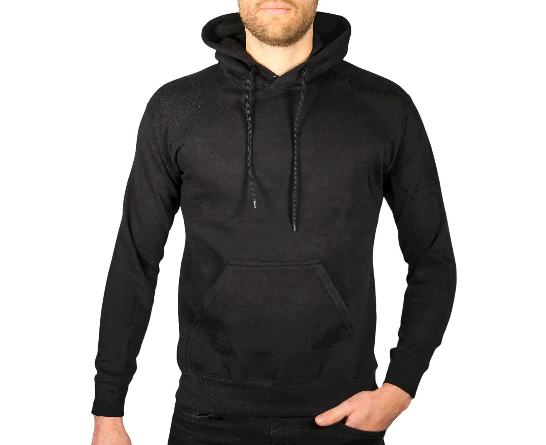 Adult Mens 100% Cotton Fleece Hoodie Jumper Pullover Sweater Warm Sweatshirt - Black